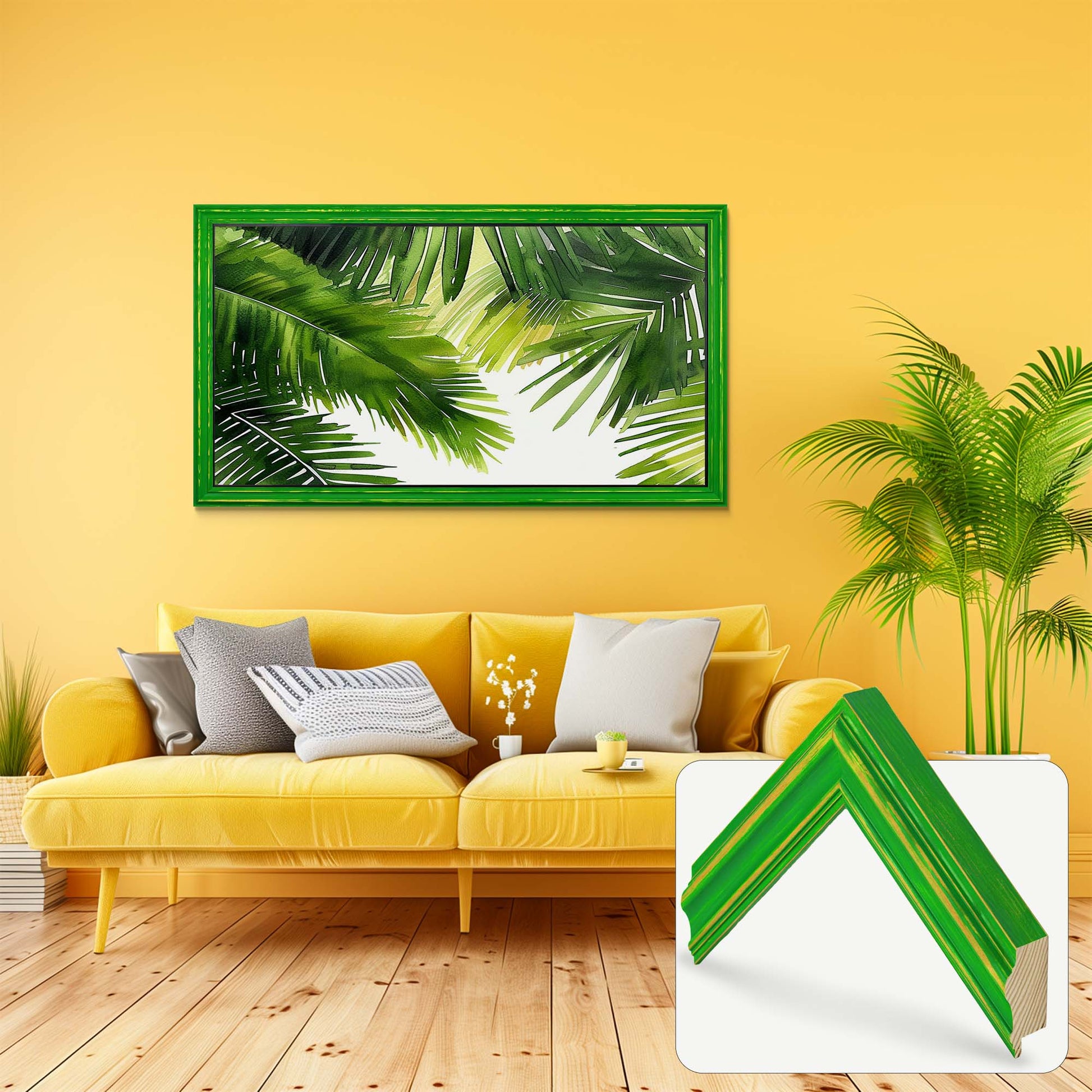 Green TV frame in yellow modern interior