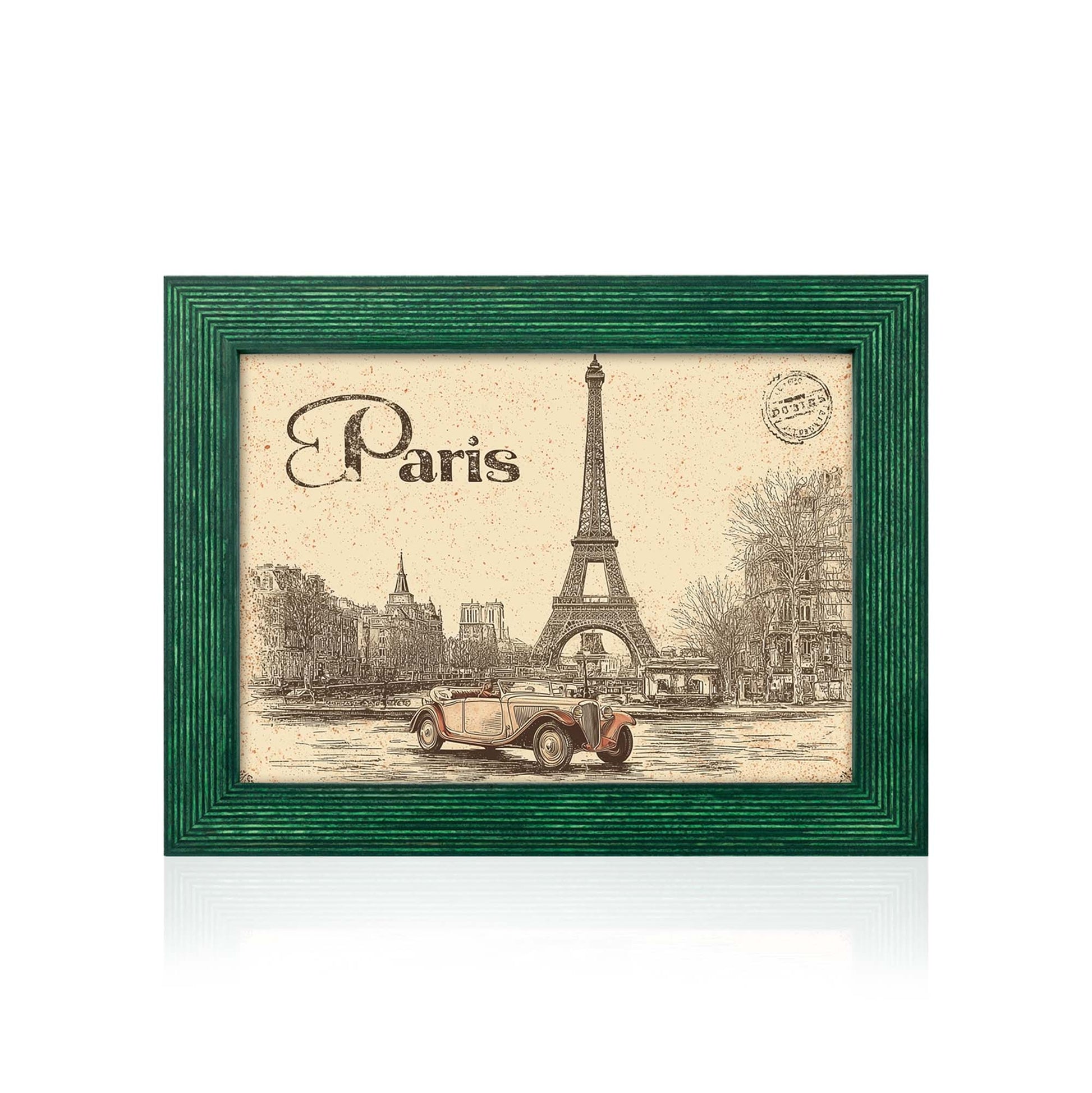 Framed artwork with Eiffel Tower and vintage car illustration, labeled 'Paris'.