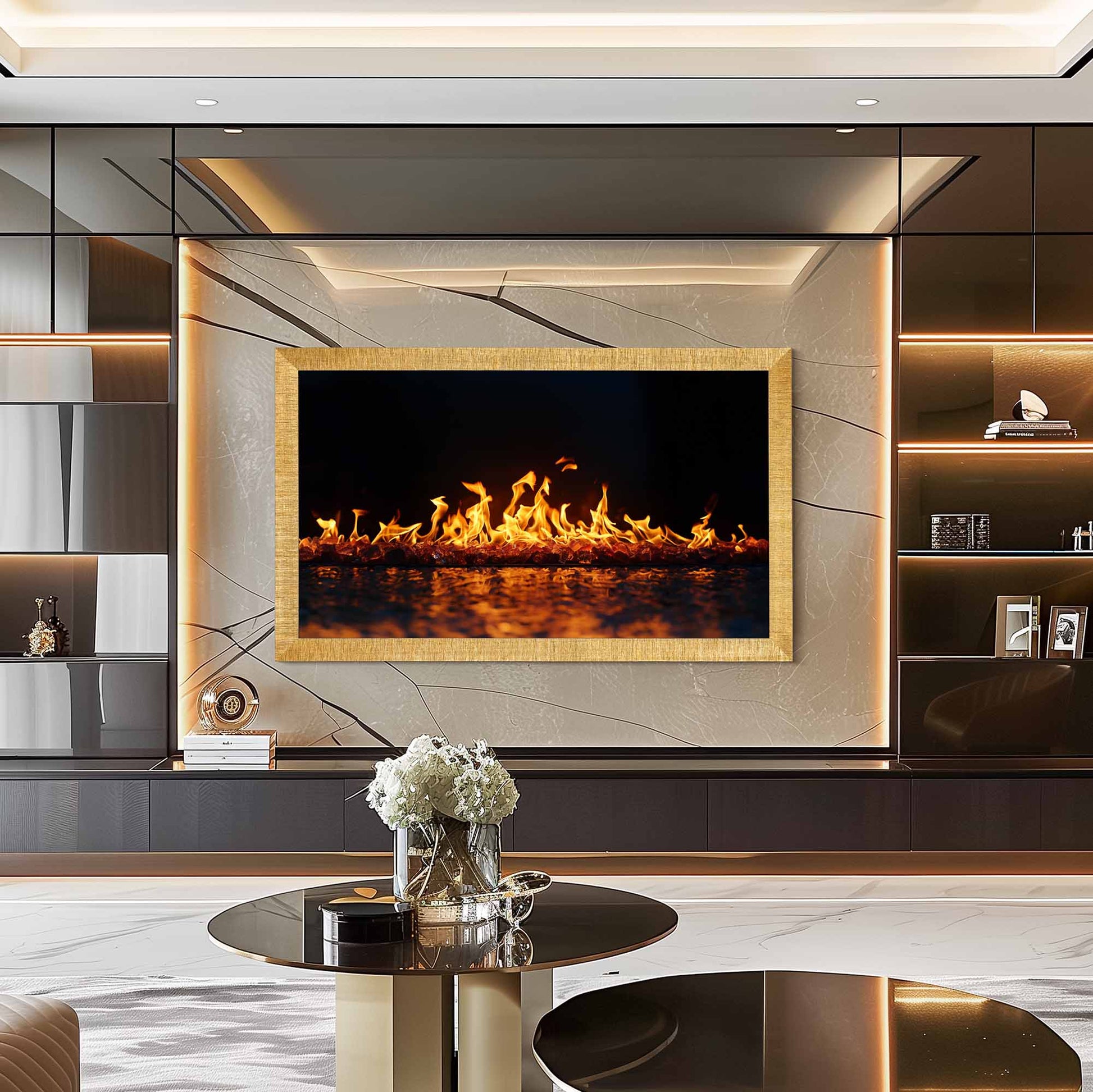 Modern living room with a fireplace screen displaying flames, shelves, and a coffee table. Modern Gold Frame for Samsung The Frame, Handmade Tv Bezel for TCL Wall Art Tv, Hisense CanvasTV Mount, Sizes 32 43 50 55 65 75 85 inch