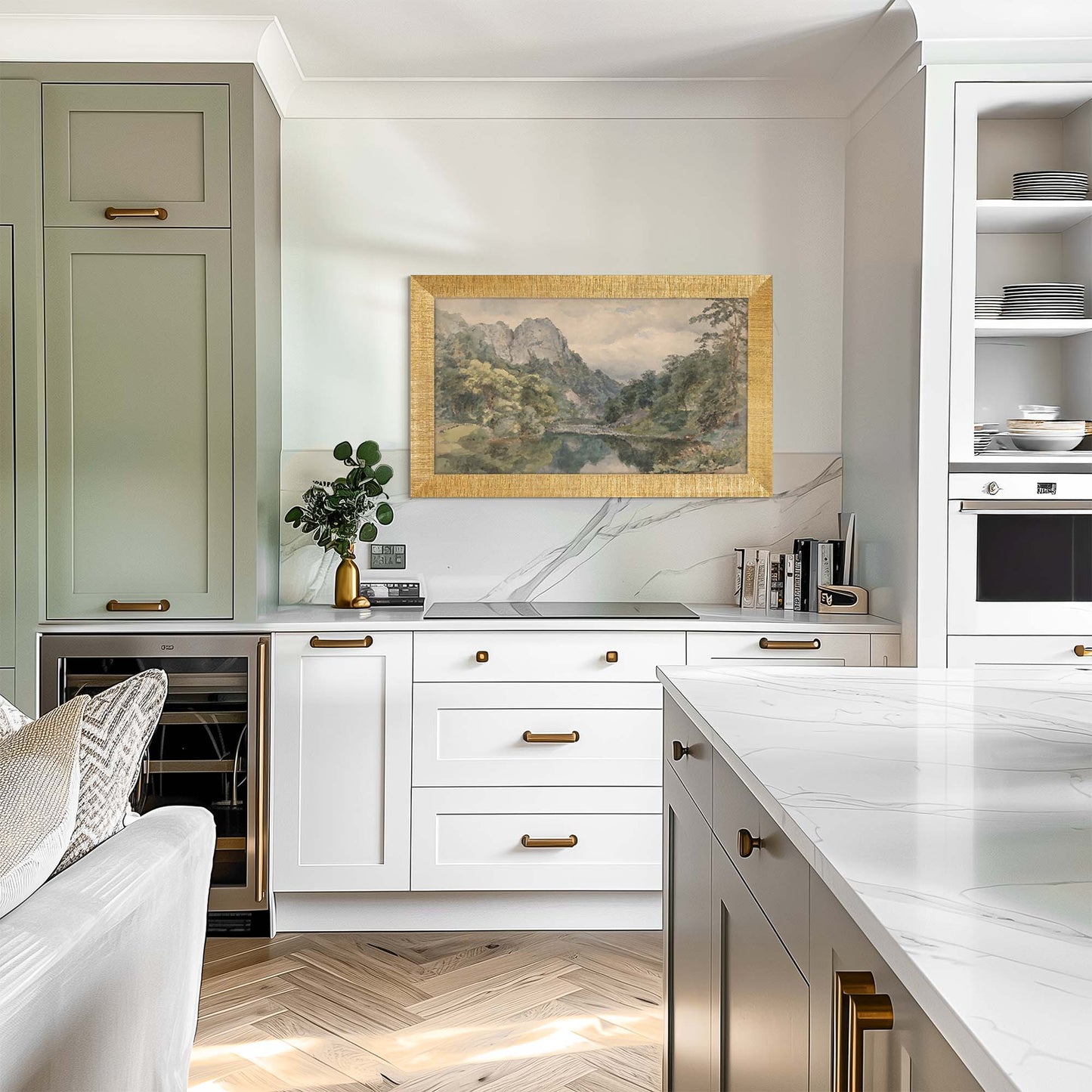 Modern kitchen with white cabinets, marble countertops, and a painting on the wall. Modern Gold Frame for Samsung The Frame, Handmade Tv Bezel for TCL Wall Art Tv, Hisense CanvasTV Mount, Sizes 32 43 50 55 65 75 85 inch