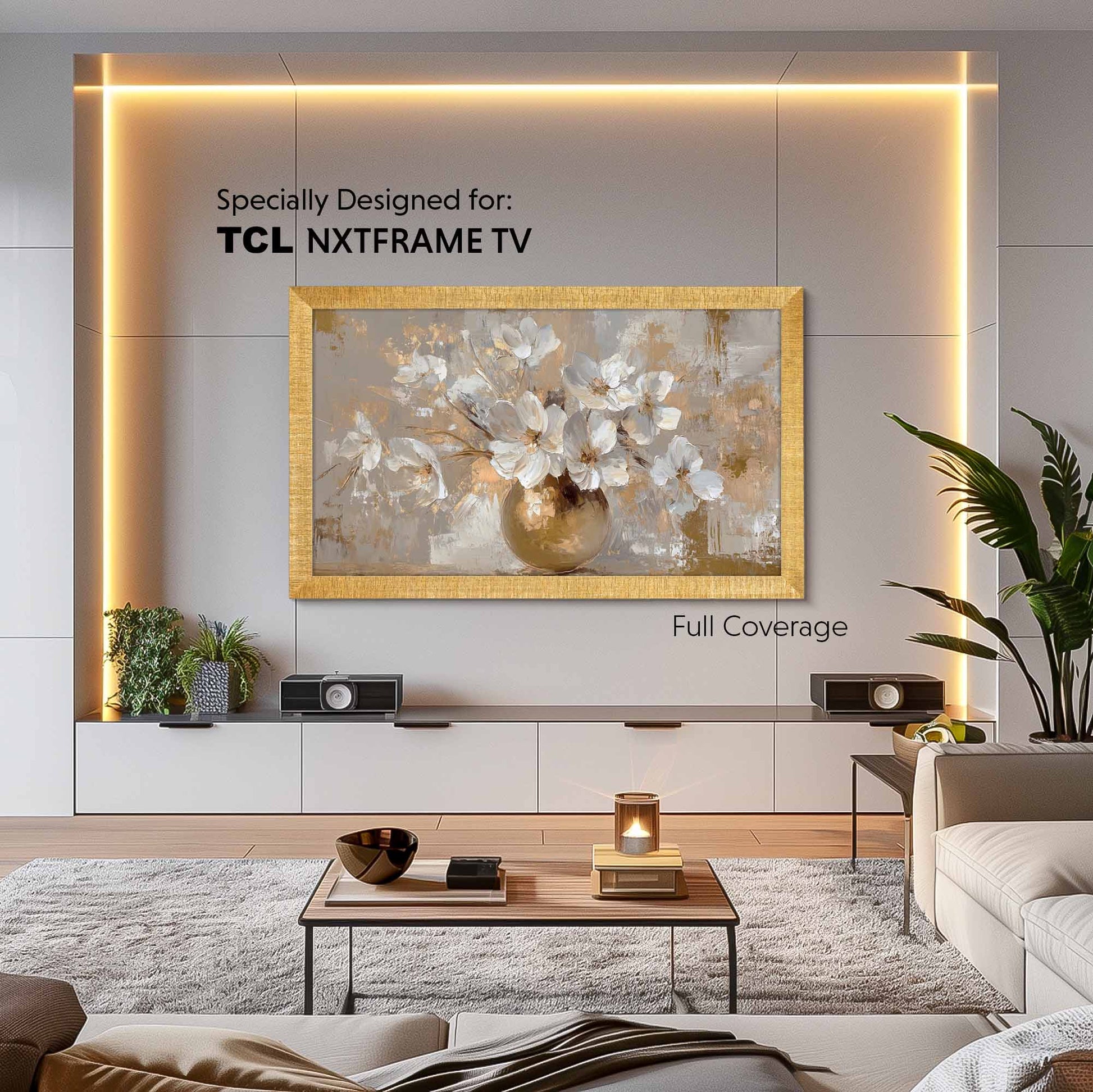 Grooved Gold TV Frame on the wall in modern light living room