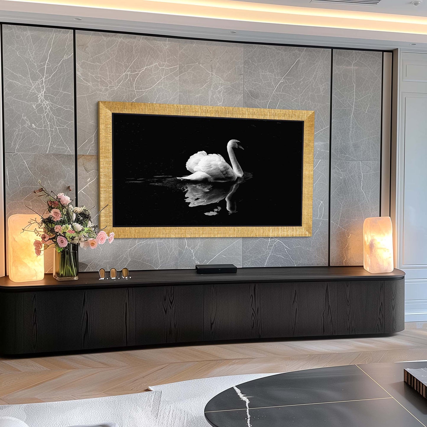 Grooved Gold TV frame on the gray marble accent wall, modern living room