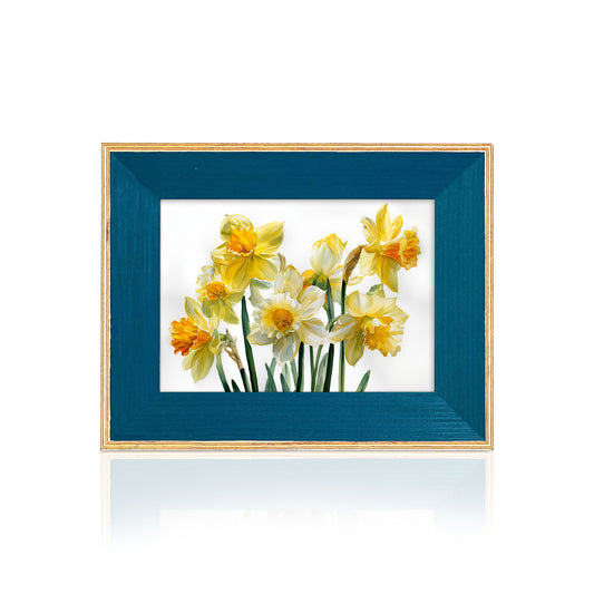 Framed artwork of yellow daffodils on a white background