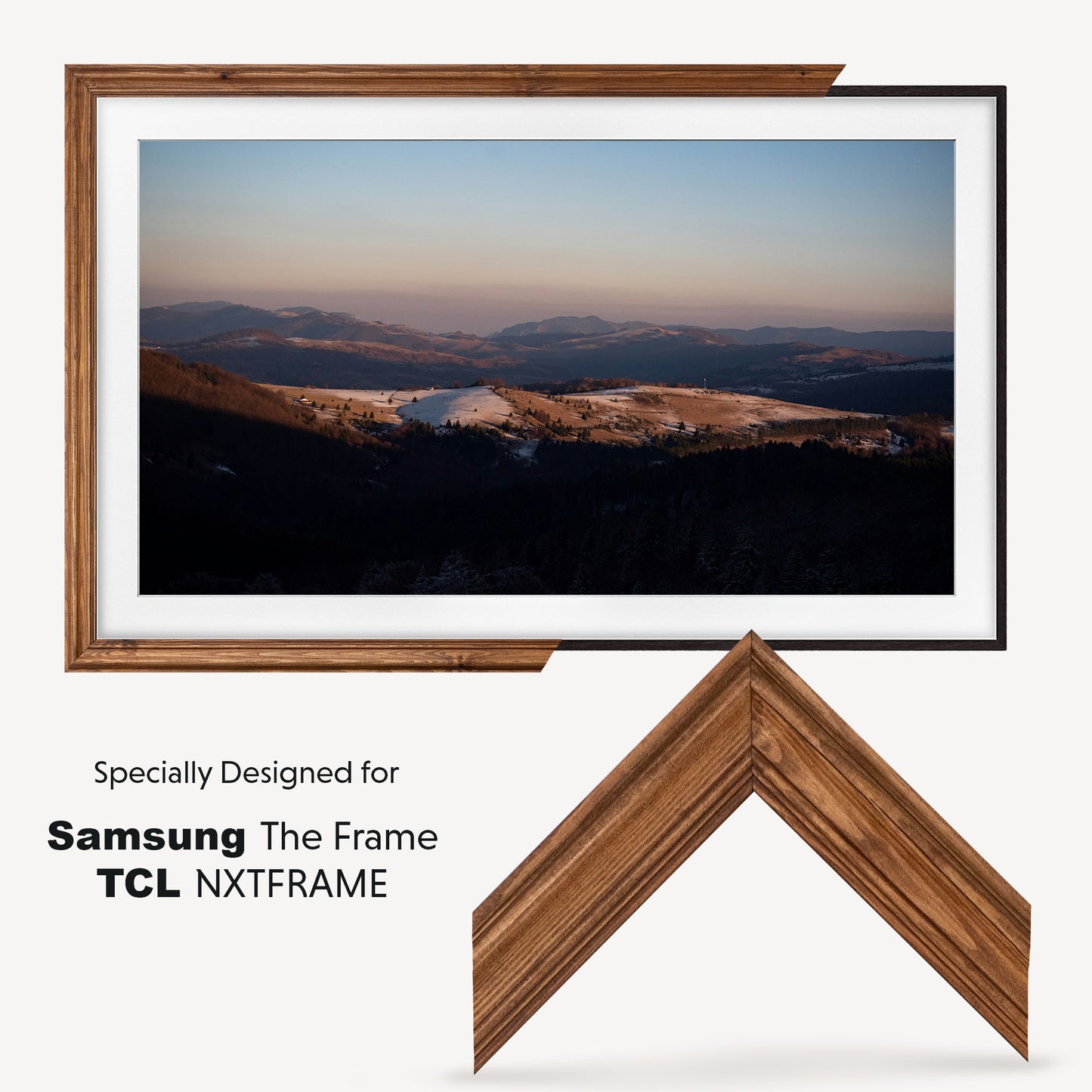 Hardwood tv frame is specially designed for Samsung The Frame and TCL NXTFRAME TV's