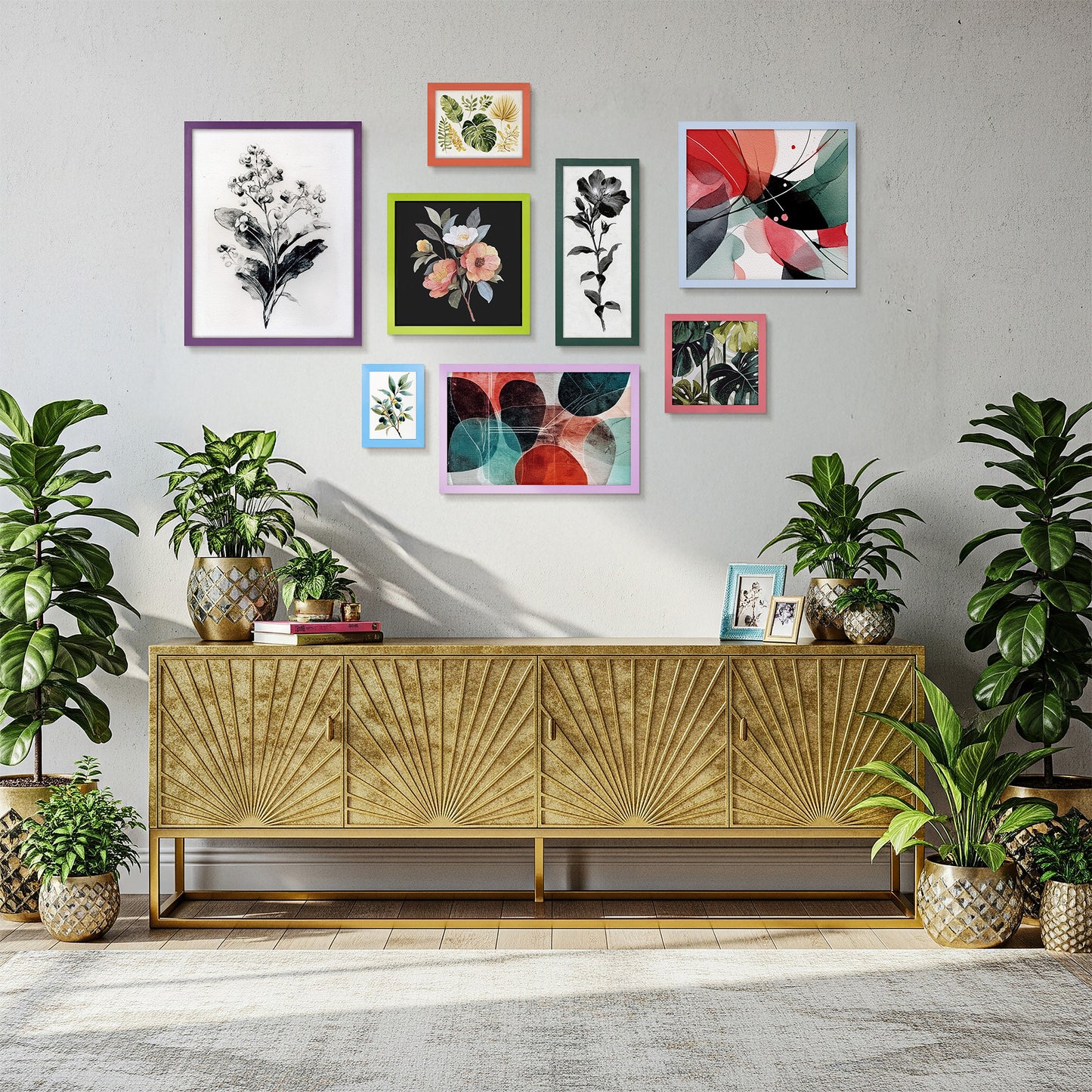 Living room with decorative wall art and plants, featuring a wooden console table.