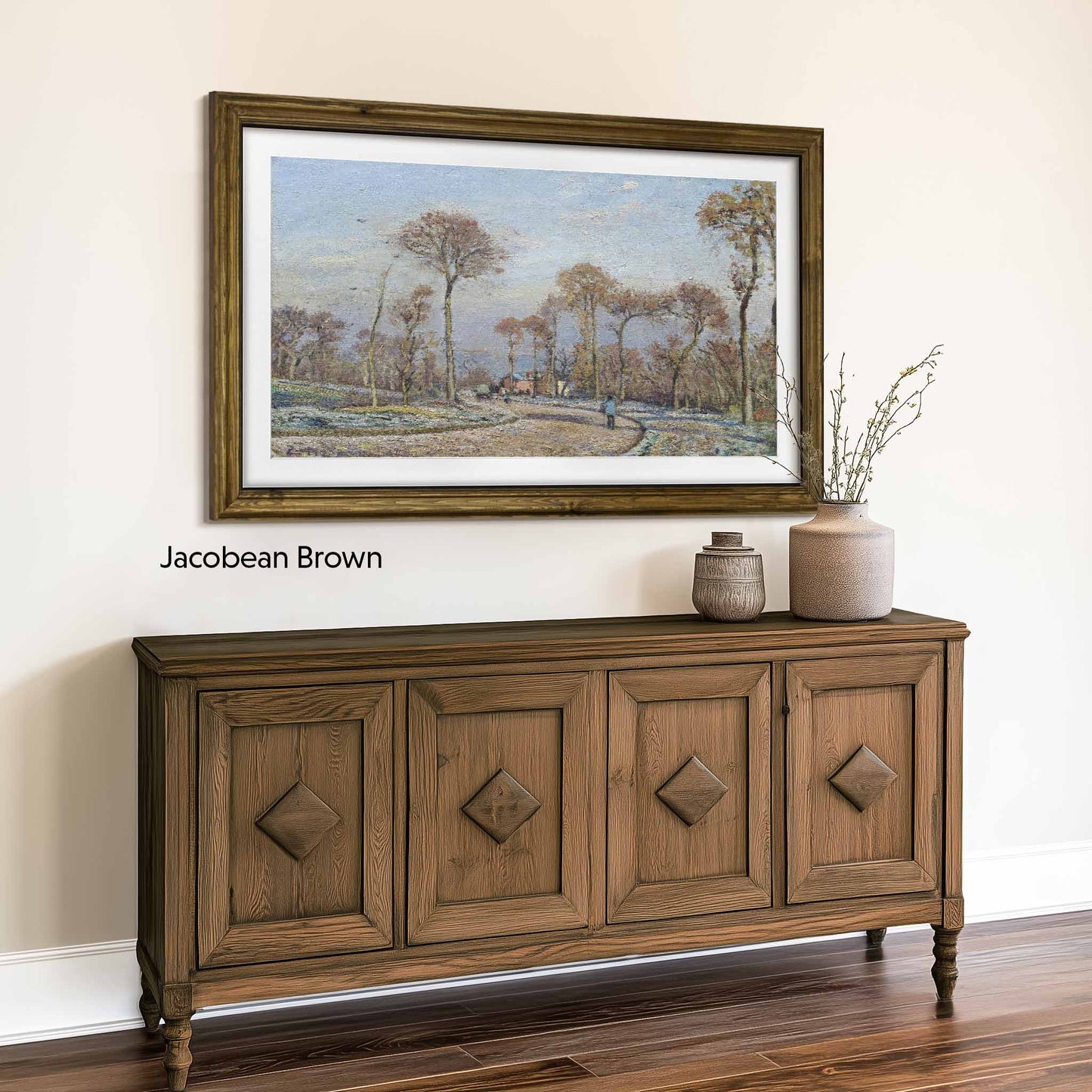 Jacobean brown  Wall mounted tv frame above a wooden sideboard