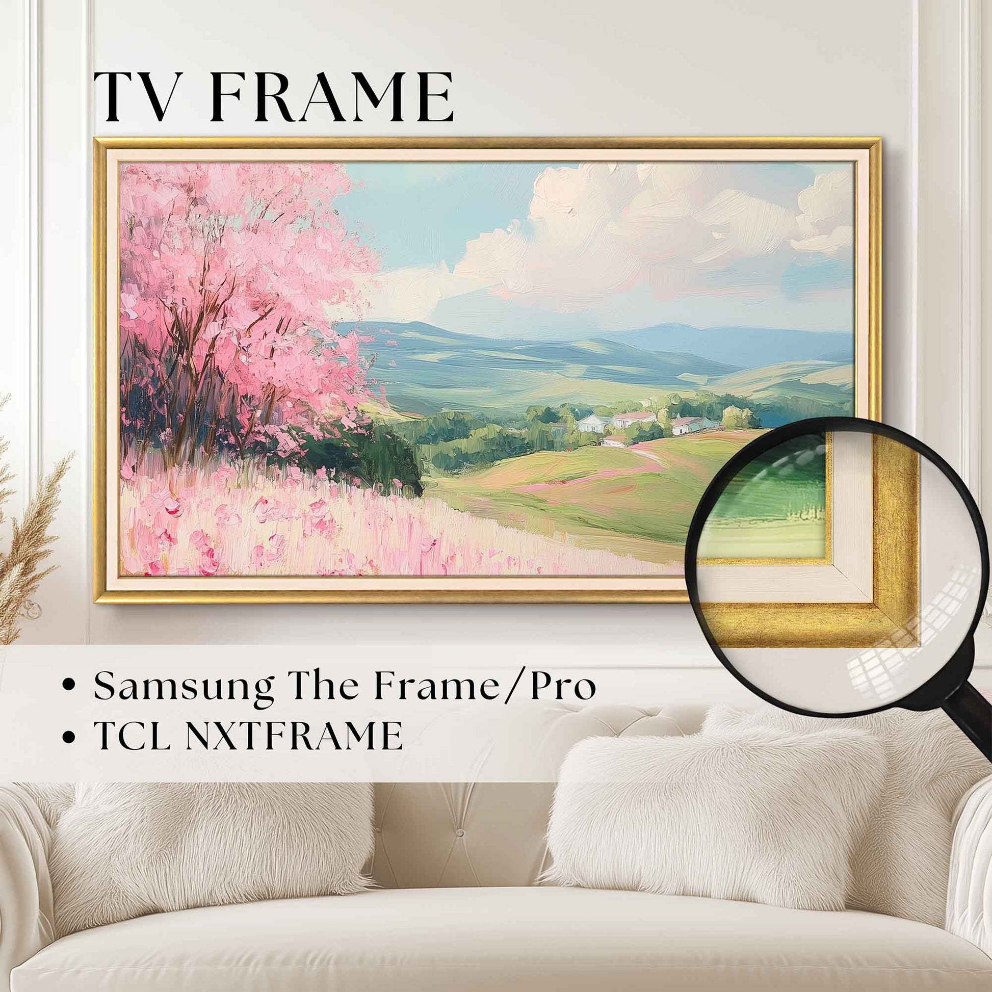 Gold White TV Frame for Samsung The Frame Tv, Thin Elegant Gold & White Wood bezel, Classic TV frame TV size 32, 43, 50, 55, 65, 75, 85 inch