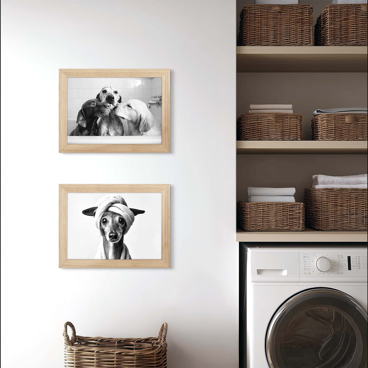 Framed black and white photos of dogs on a wall above a washing machine with shelves and baskets.