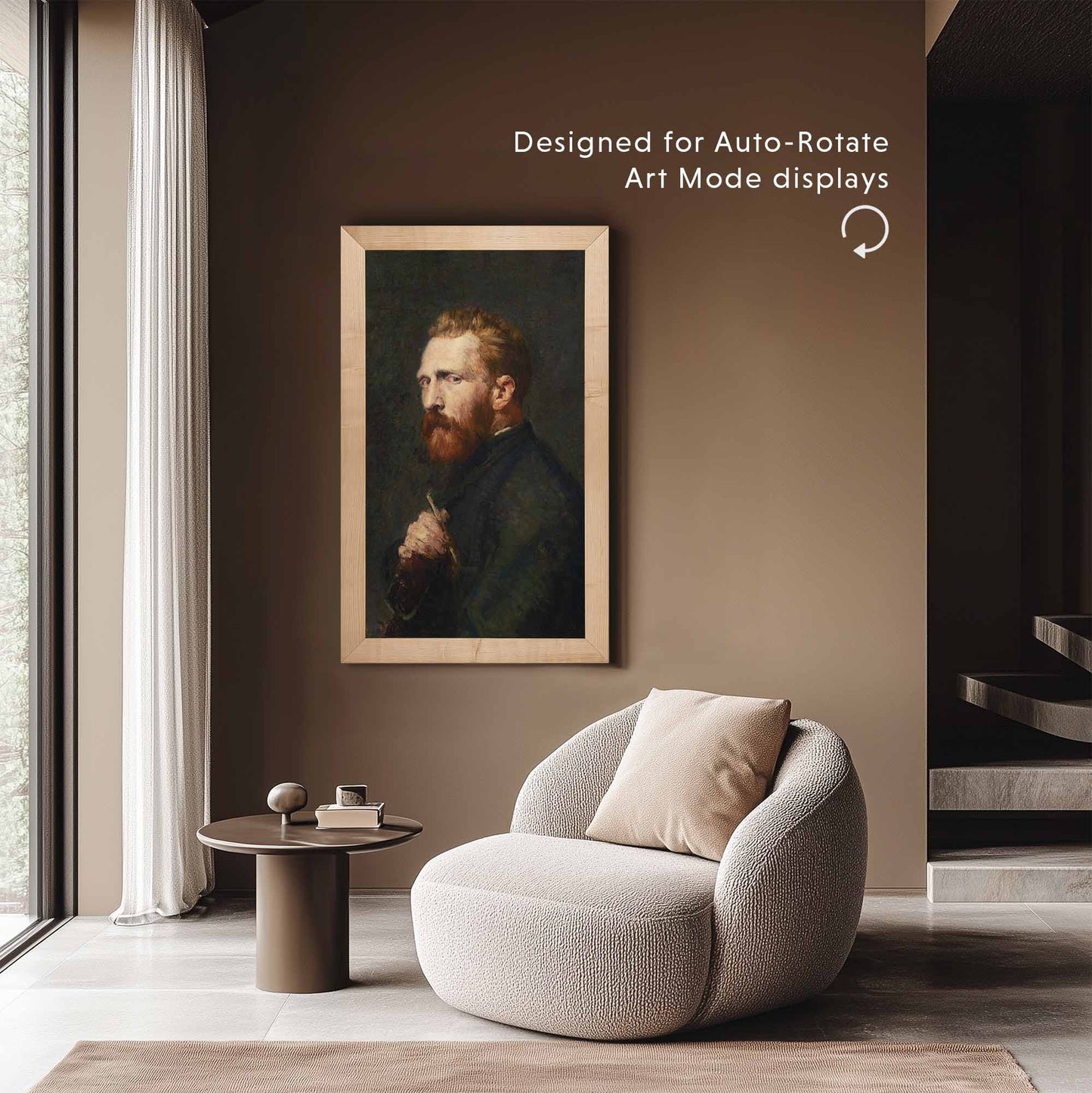 Maple Wood frame in vertical art mode in cozy reading corner