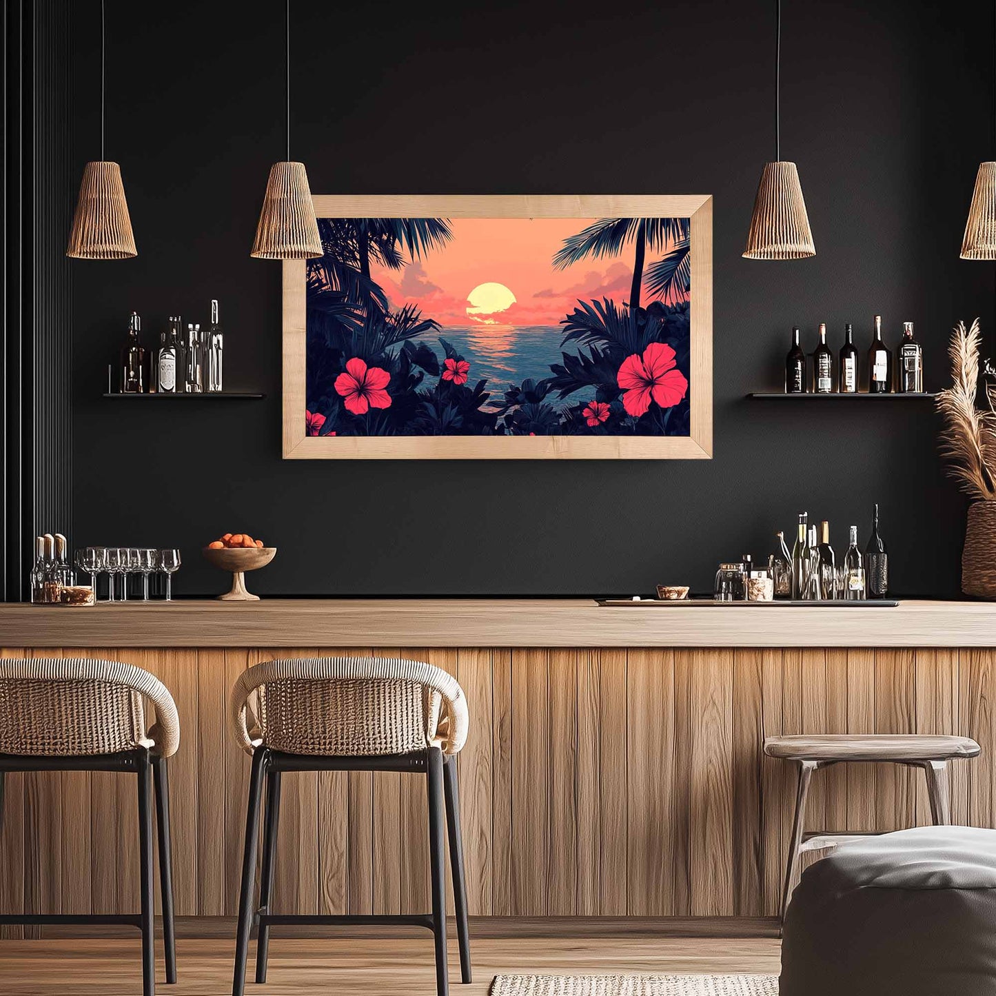 Maple wood tv frame on the wall in dark simple boho bar area in living room