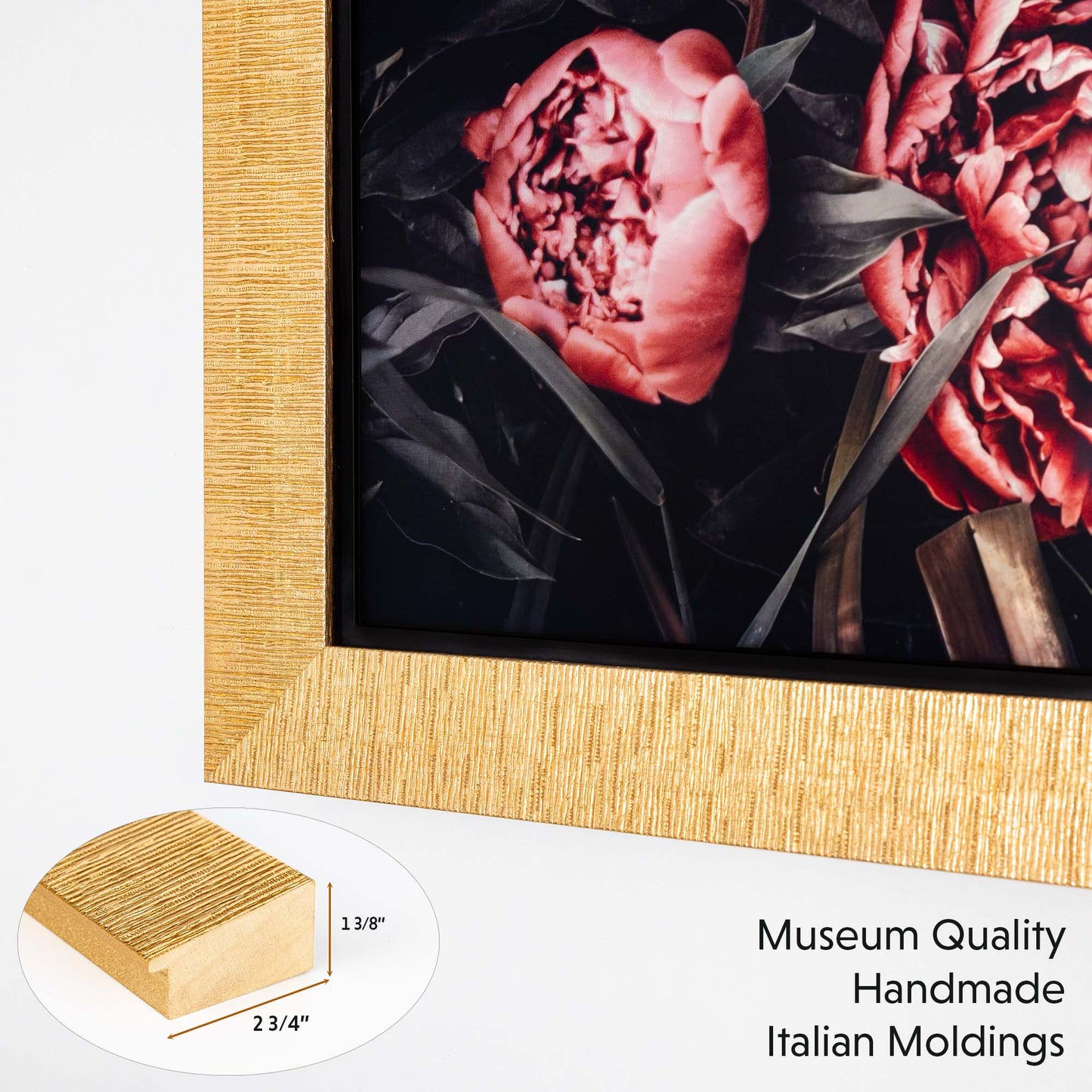 Modern gold tv frame is made from museum quality Italian moldings