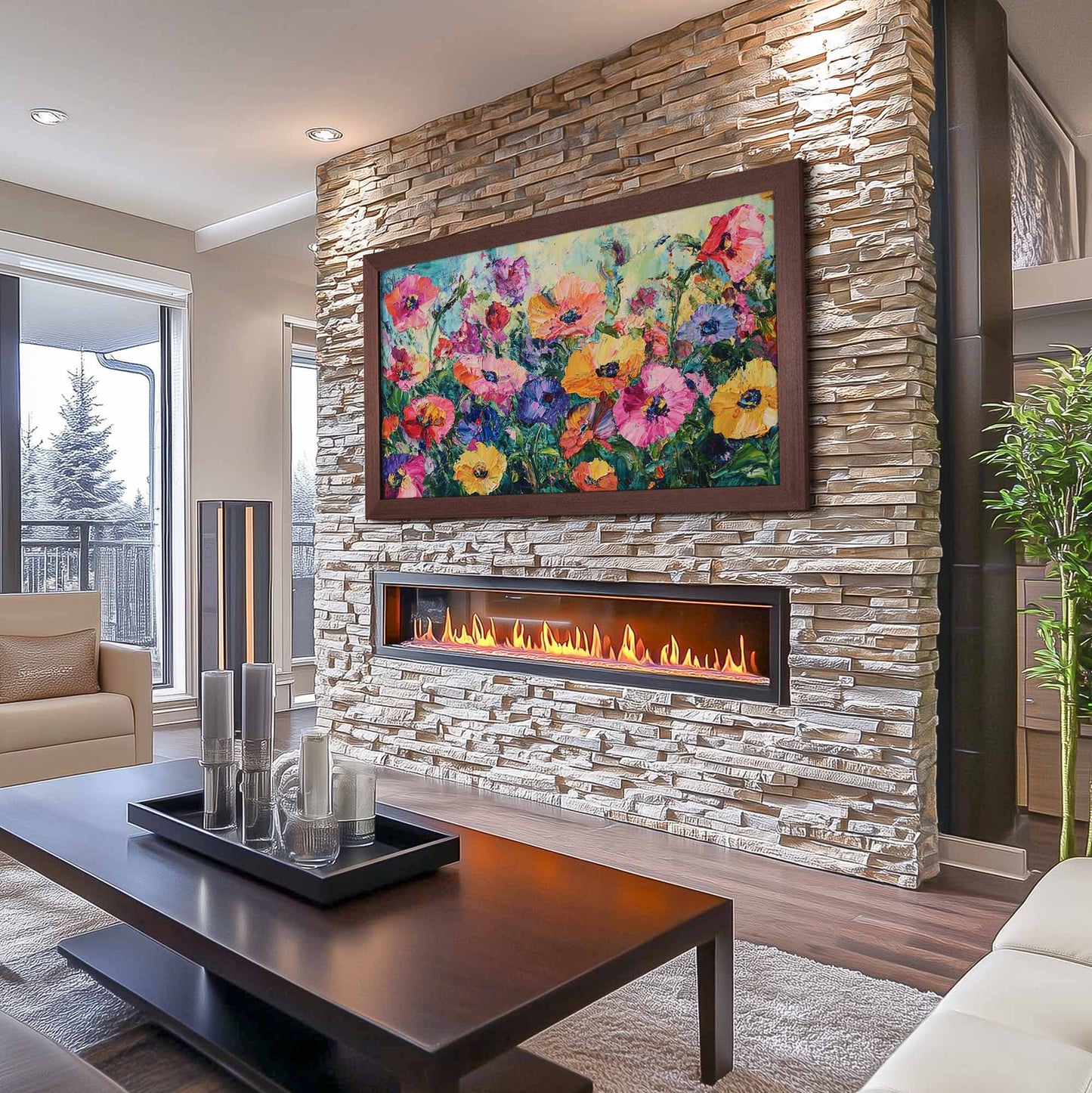 Natural Dark wood tv frame on the stone wall in modern living room design