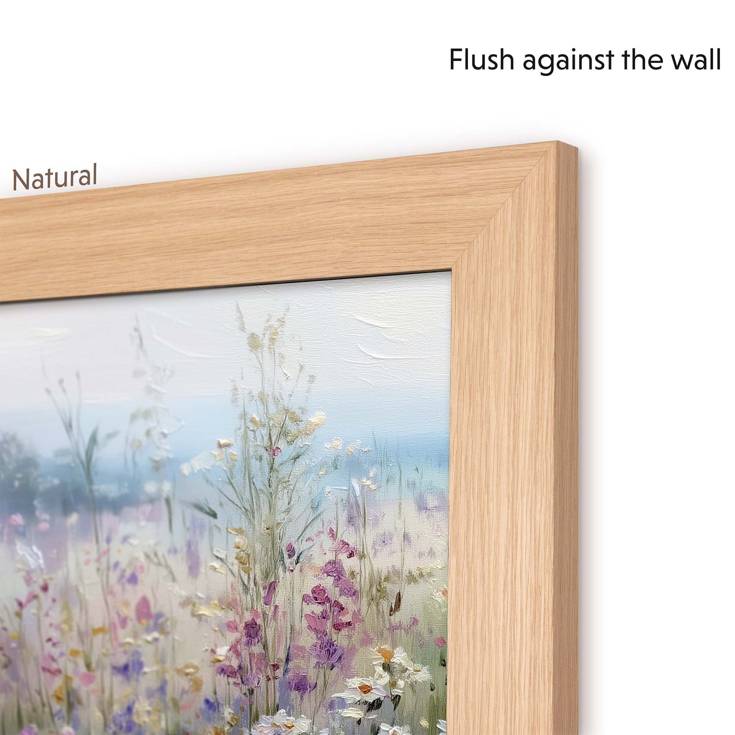 Oak Wood TV frame with a floral painting, flush against the wall.