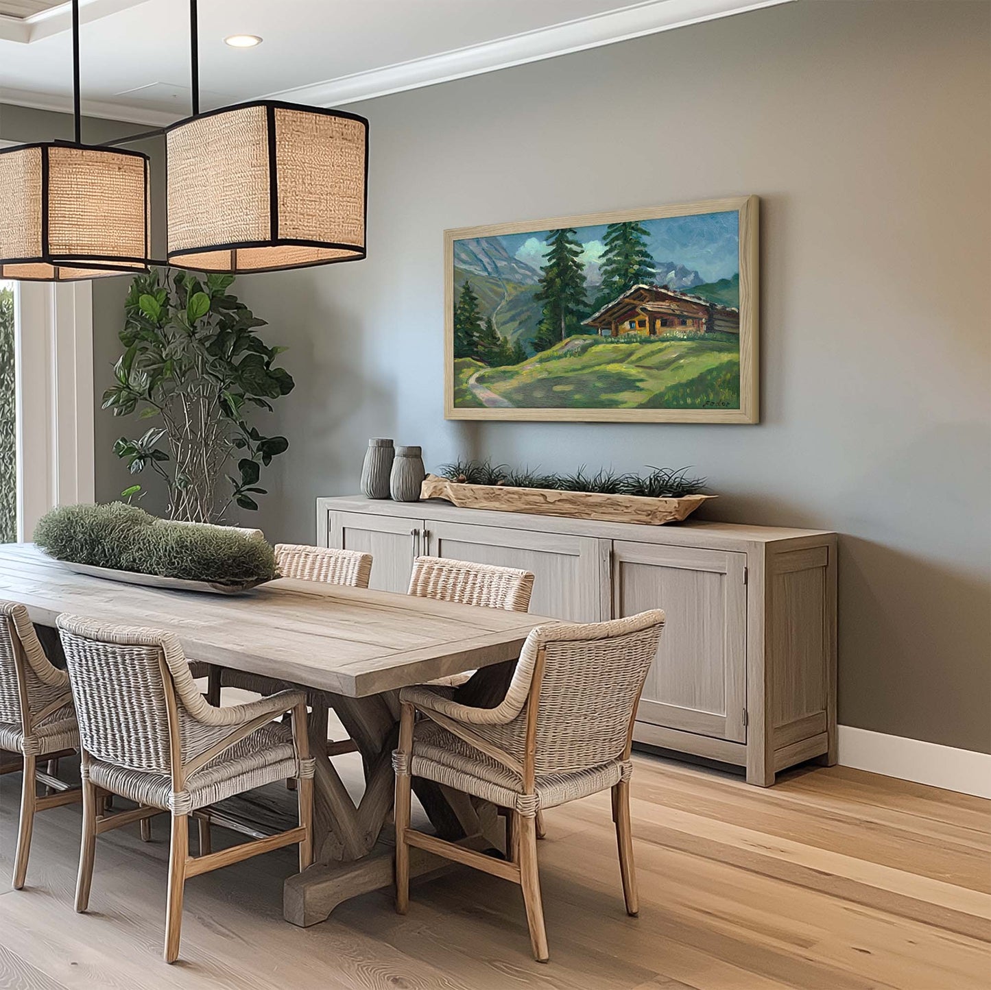 Natural Oak tv frame on wall mounted tv in dining room remodel