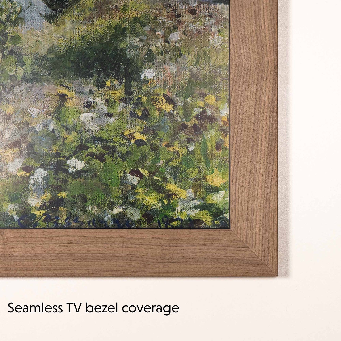 Natural Walnut TV frame fully covers Samsung The Frame TV black bezel