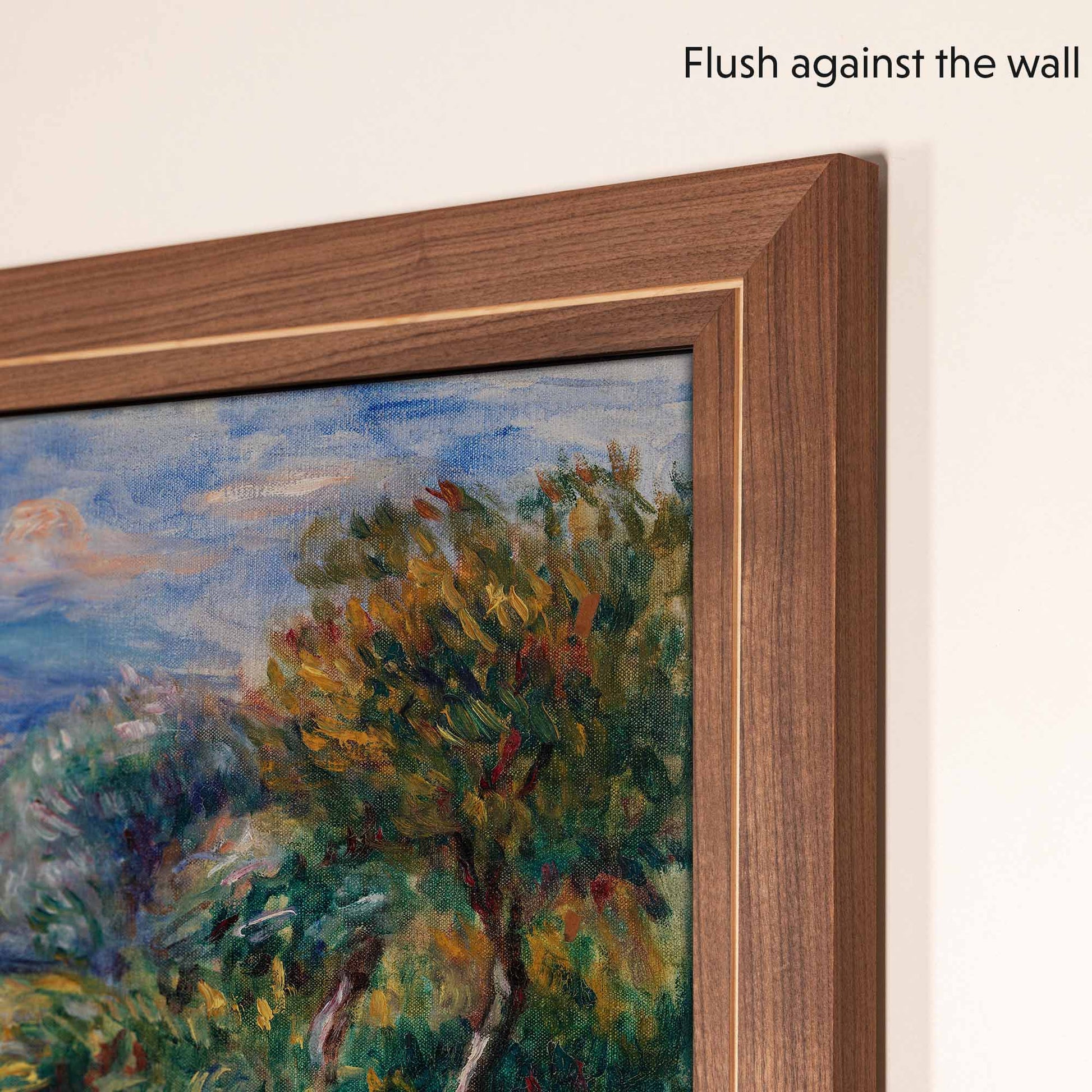 Natural Walnut tv bezel with groove flushes against the wall