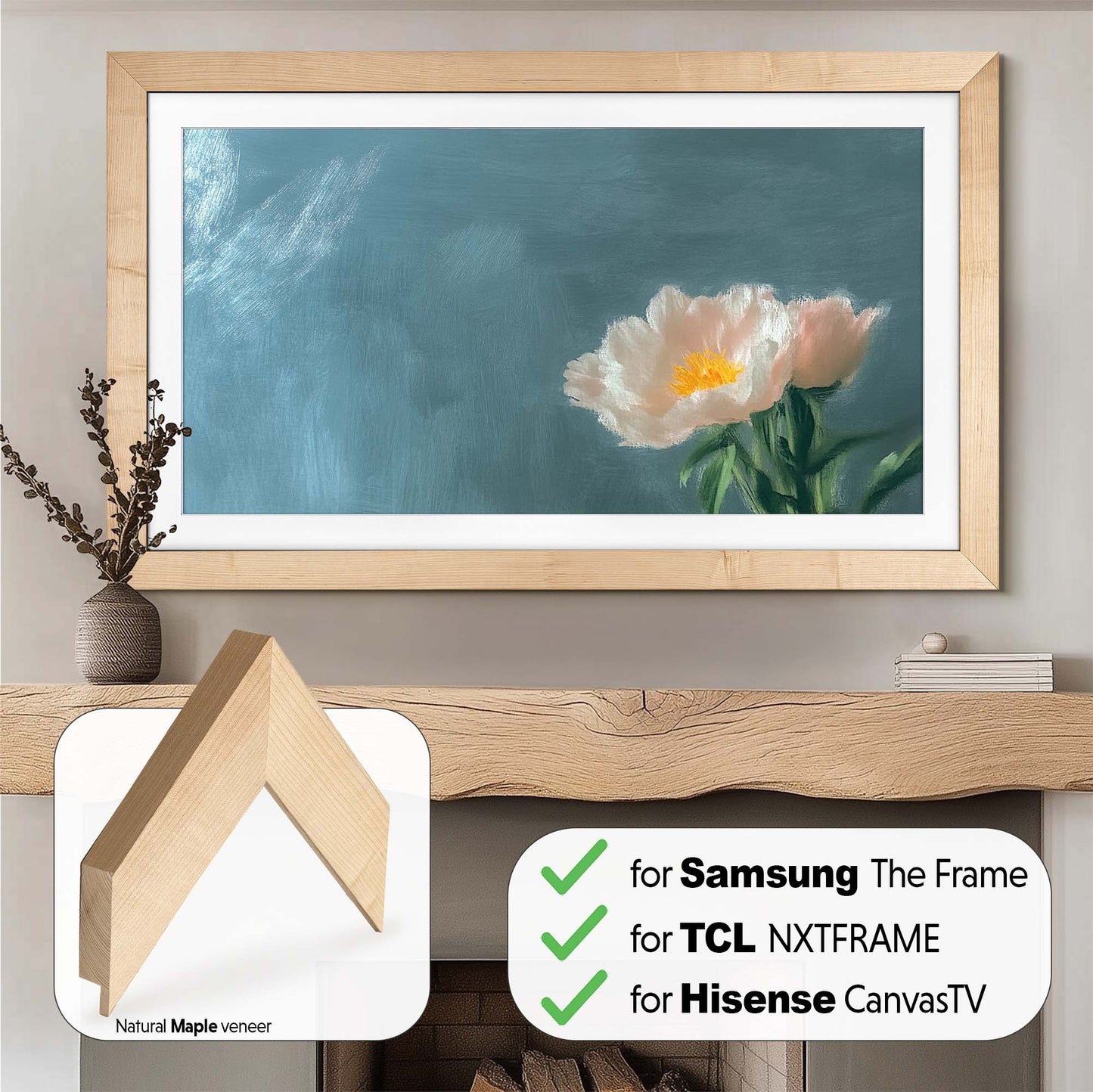 TV-Rahmen für Samsung The Frame TVs, handgefertigte TV-Blende, rustikales dunkles Holz und Gold-Finish, TV-Rahmengrößen 32, 43, 50, 55, 65, 75, 85 Zoll