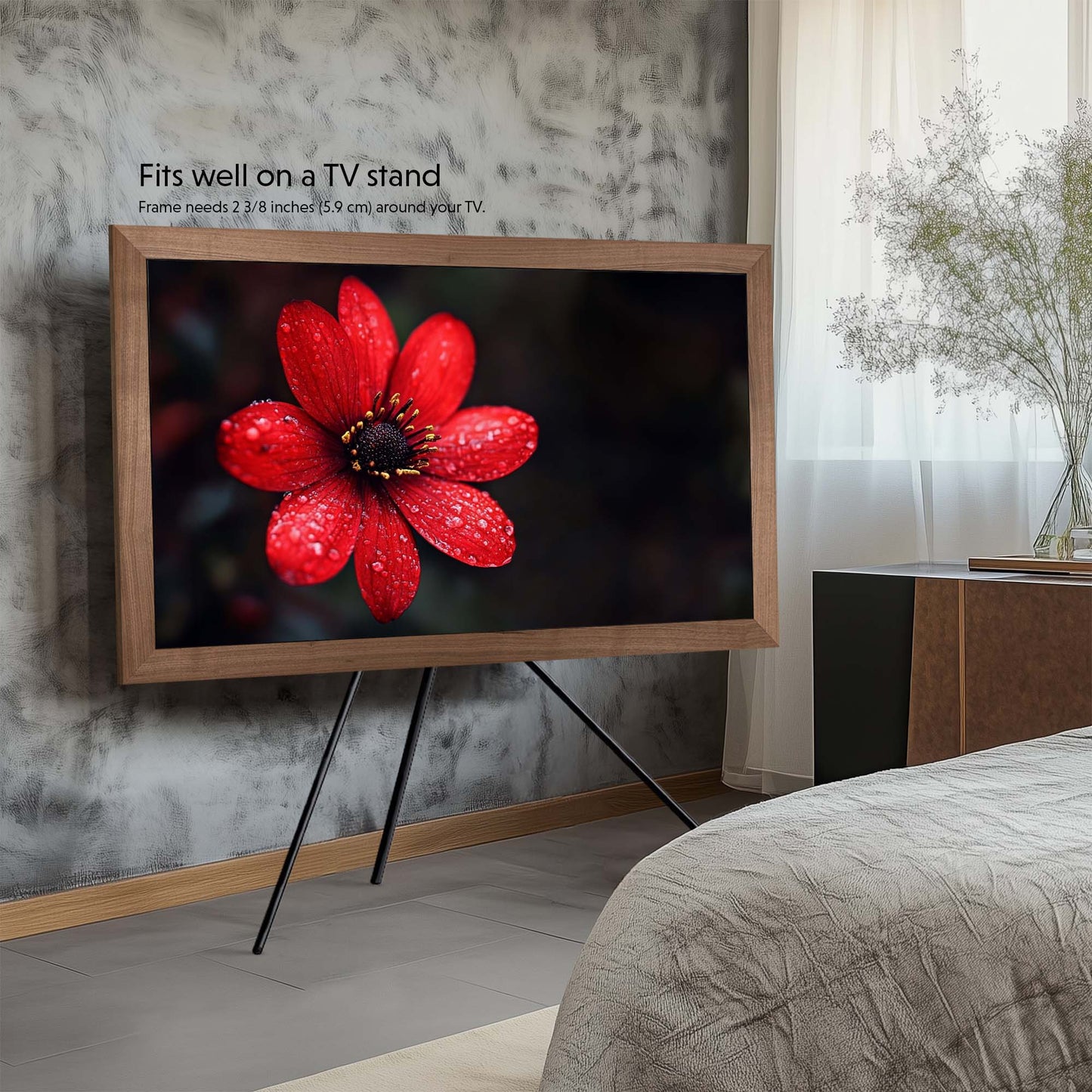 Natural walnut tv frame on Samsung the frame 55 inch tv  on the Studio Stand in the corner of bedroom