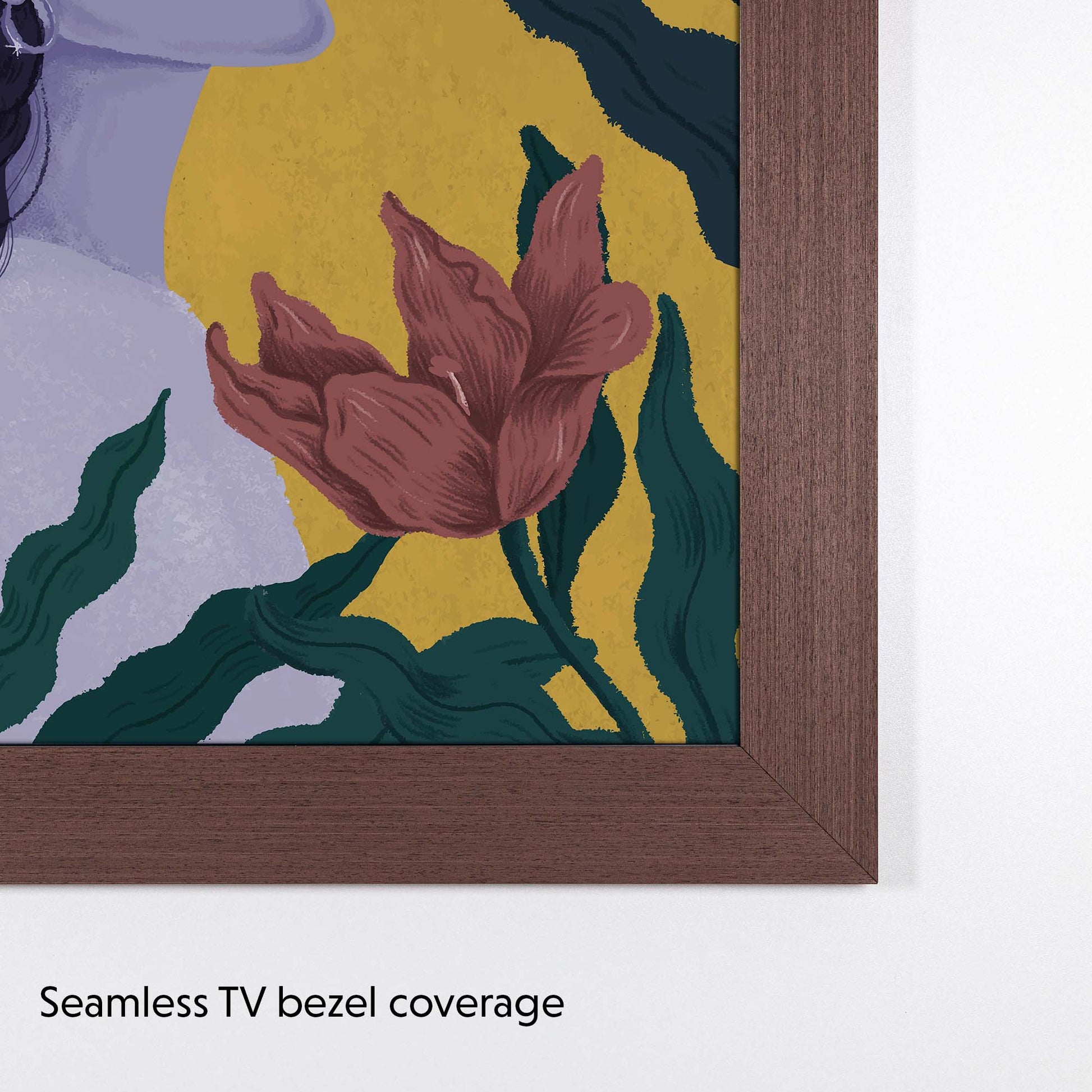 Natural wenge tv mount fully covers Samsung The Frame TV's black bezel
