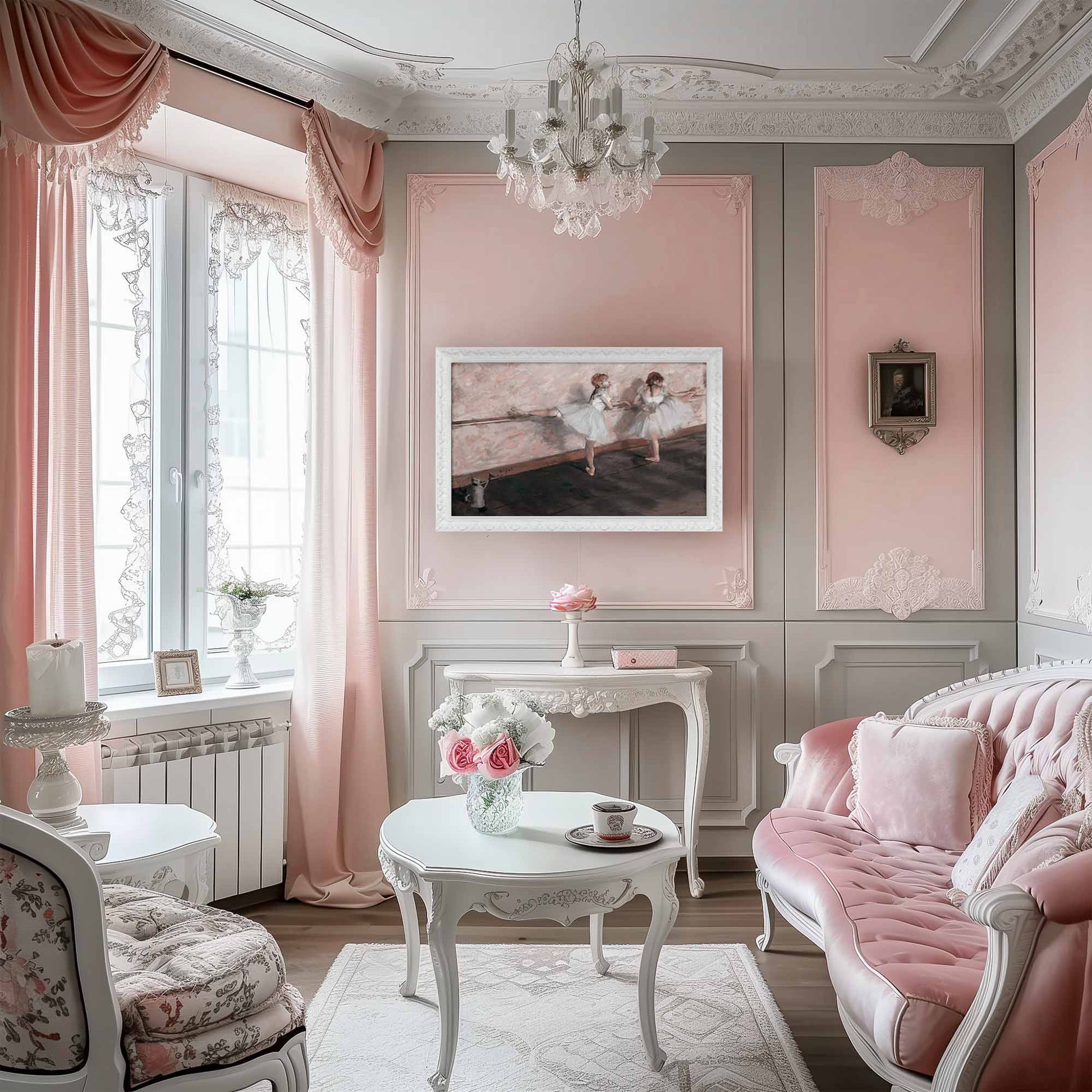 Pink and gray living room with a chandelier, floral arrangement, White ornate tv frame