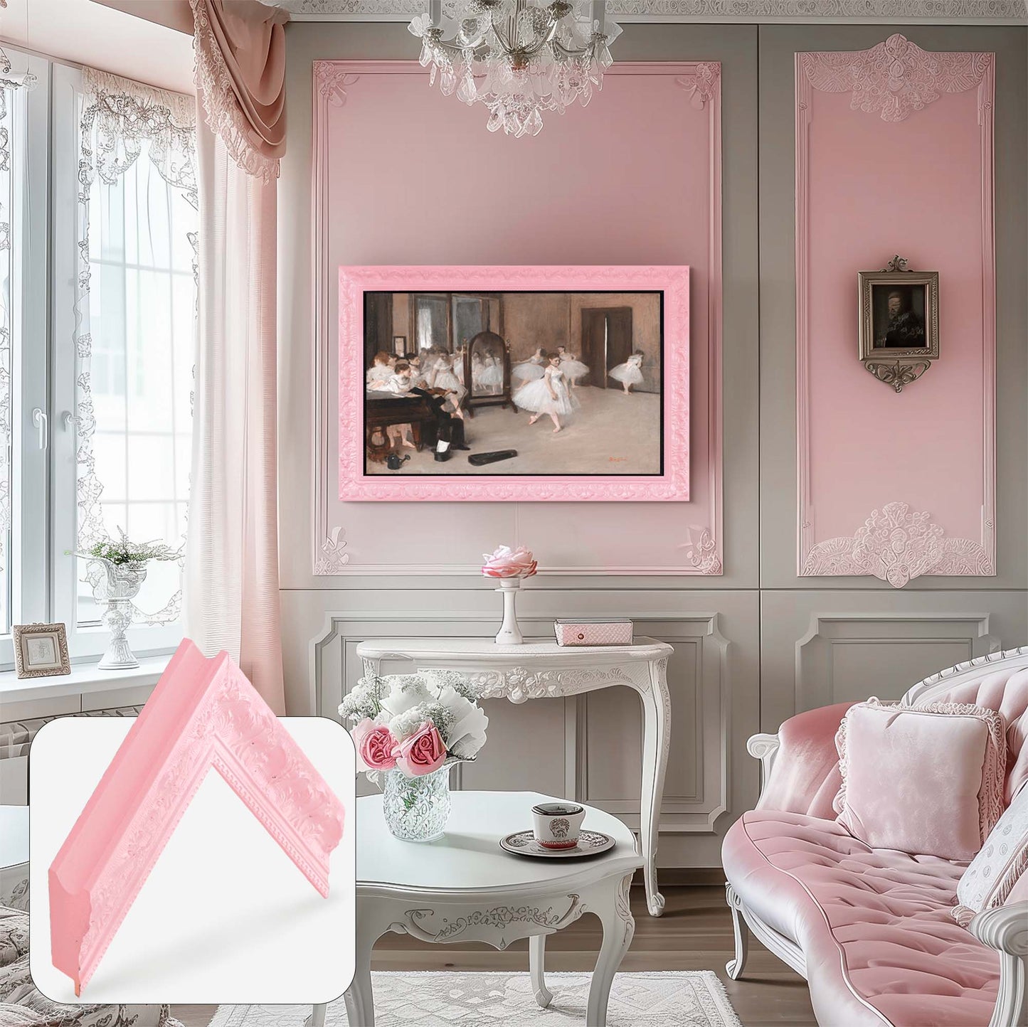 Ornate Baby Pink framed tv above dresser in coquette style living room, soft pink and white colors
