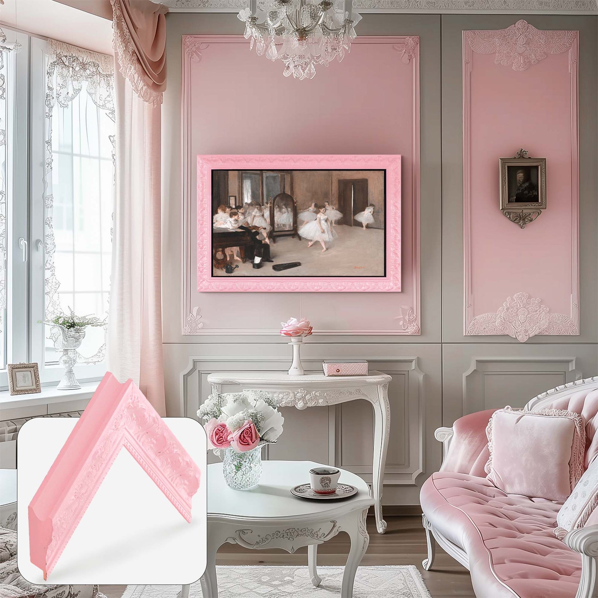 Ornate Baby Pink framed tv above dresser in coquette style living room, soft pink and white colors