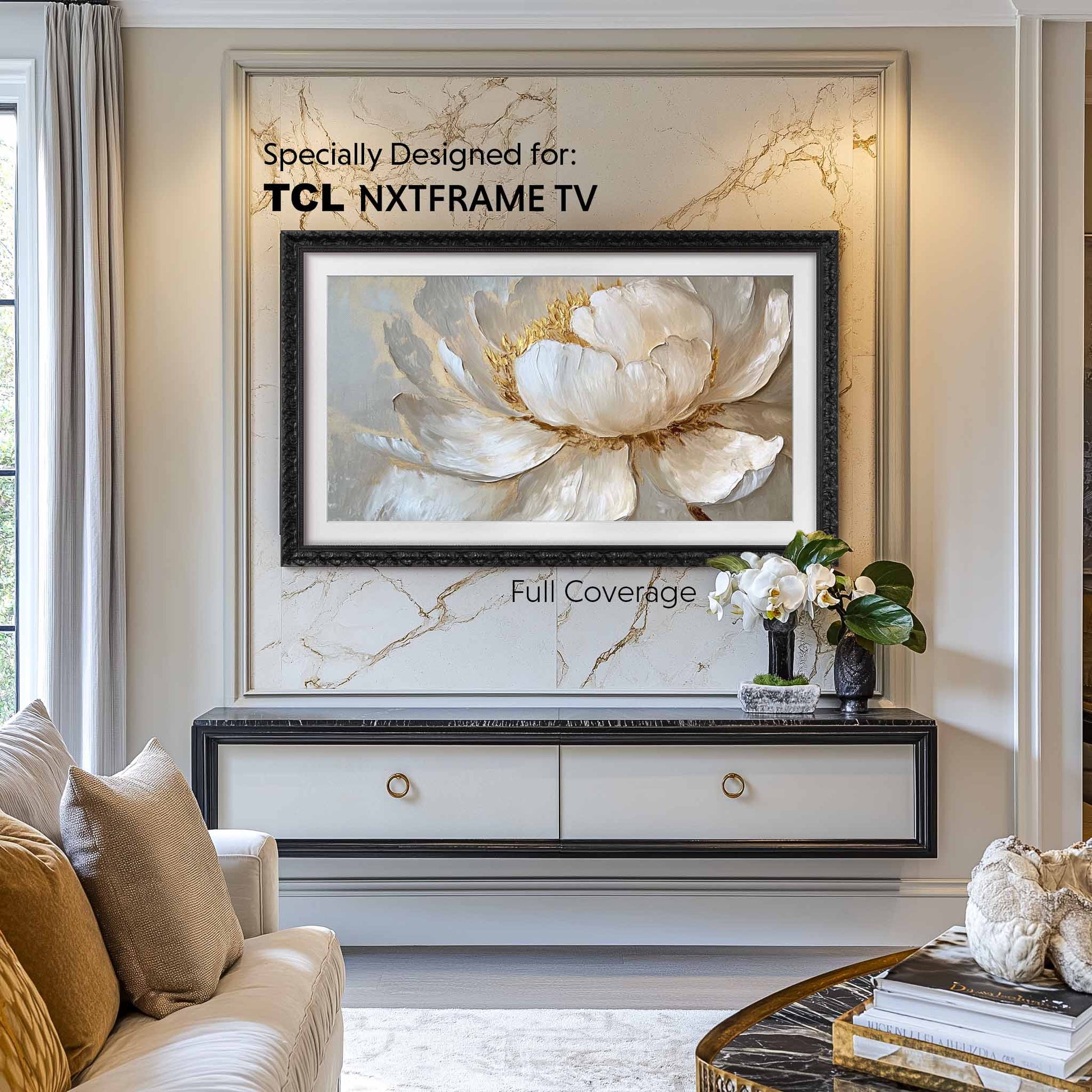 Ornate Black tv frame for TCL NXTFrame tv above floating tv console in luxury design