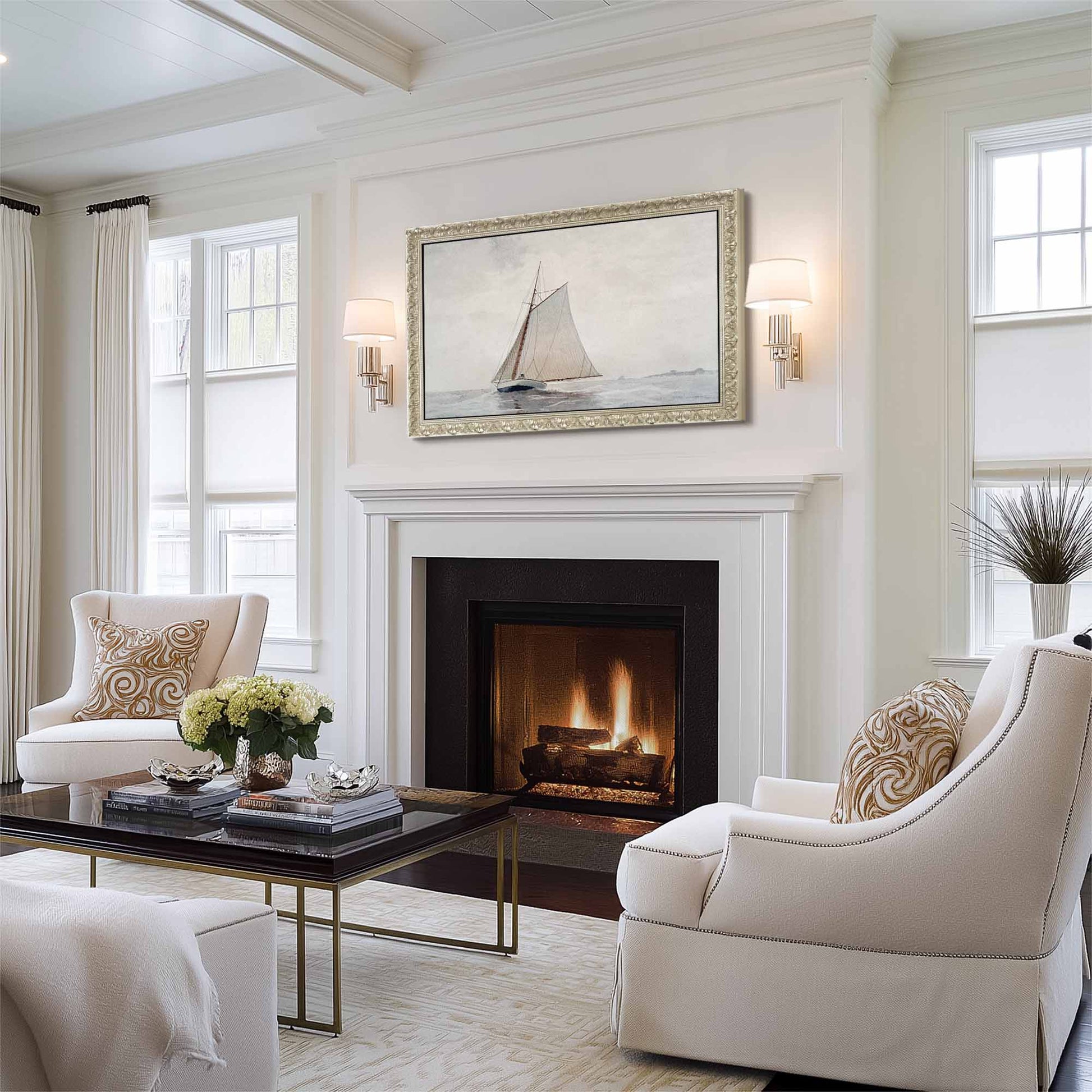 Ornate Champagne tv frame above traditional fireplace in light transitional living room