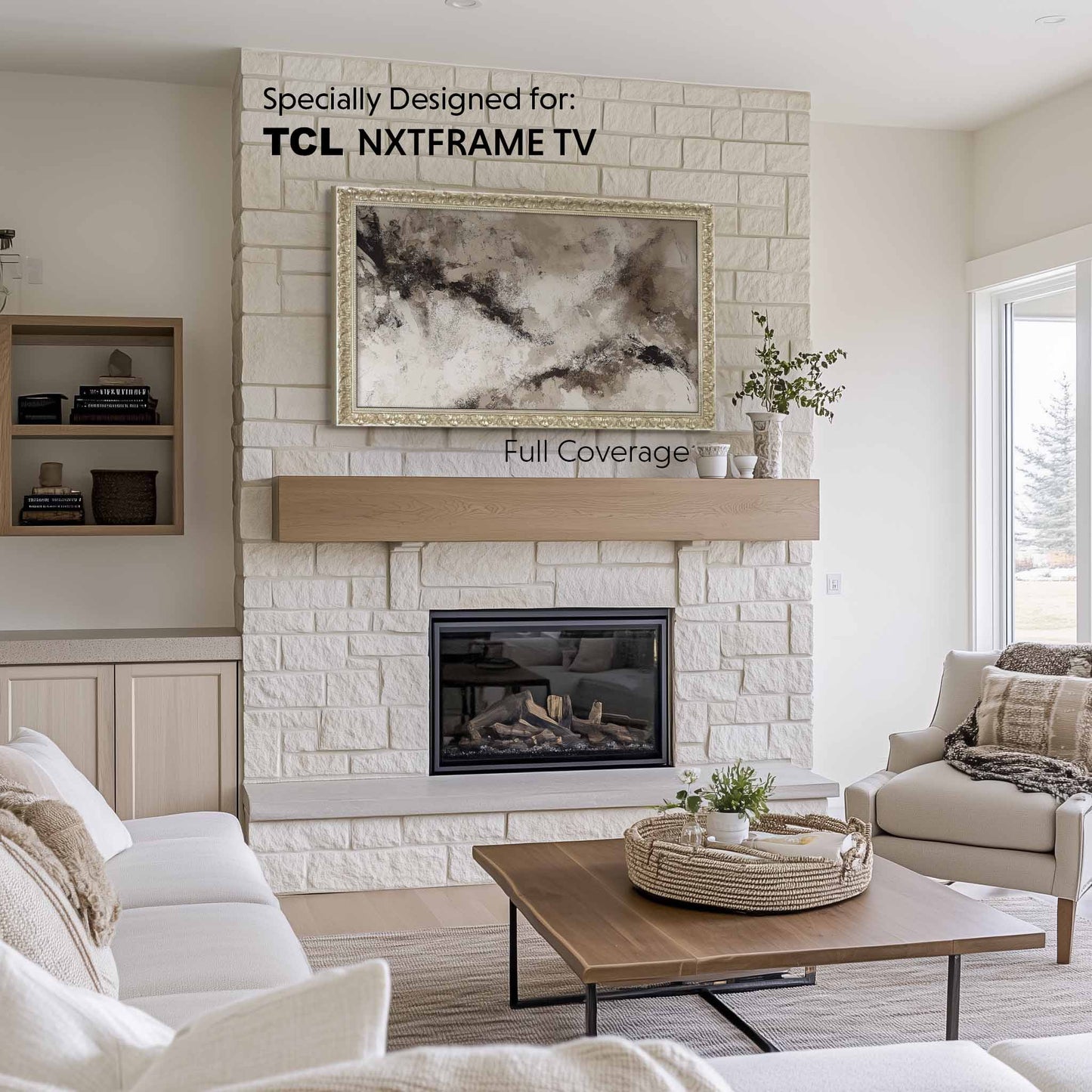 Ornate Champagne tv frame on the wall above light stone fireplace in Scandinavian living room