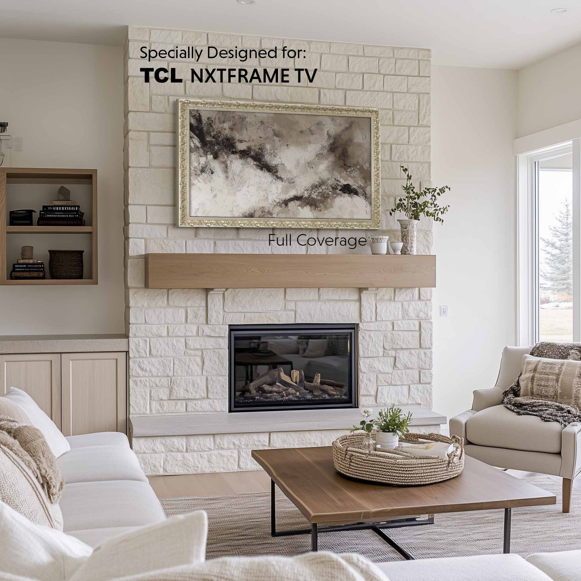 Ornate Champagne tv frame on the wall above light stone fireplace in Scandinavian living room