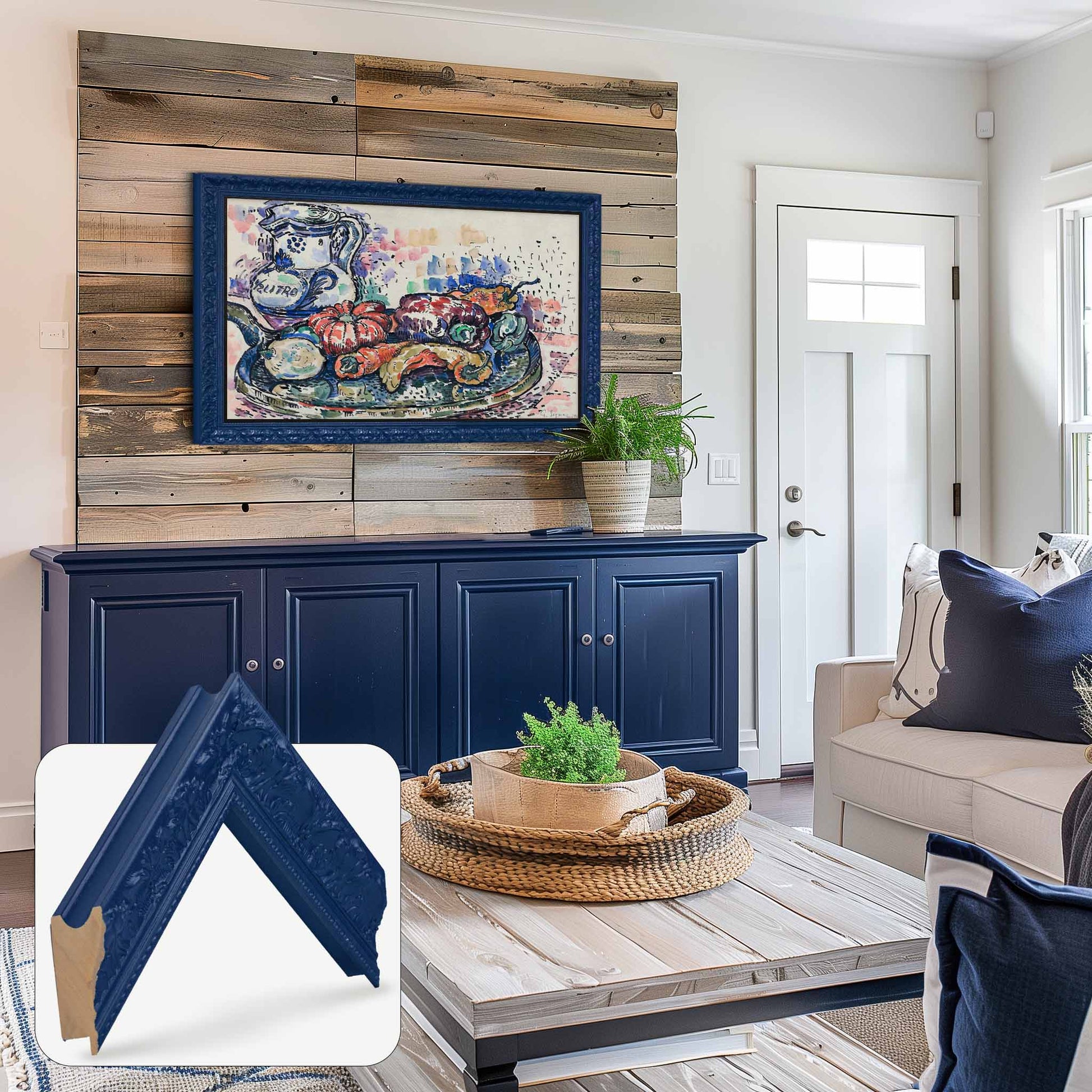 Ornate Navy Blue Frame above navy blue sideboard in rustic living room design