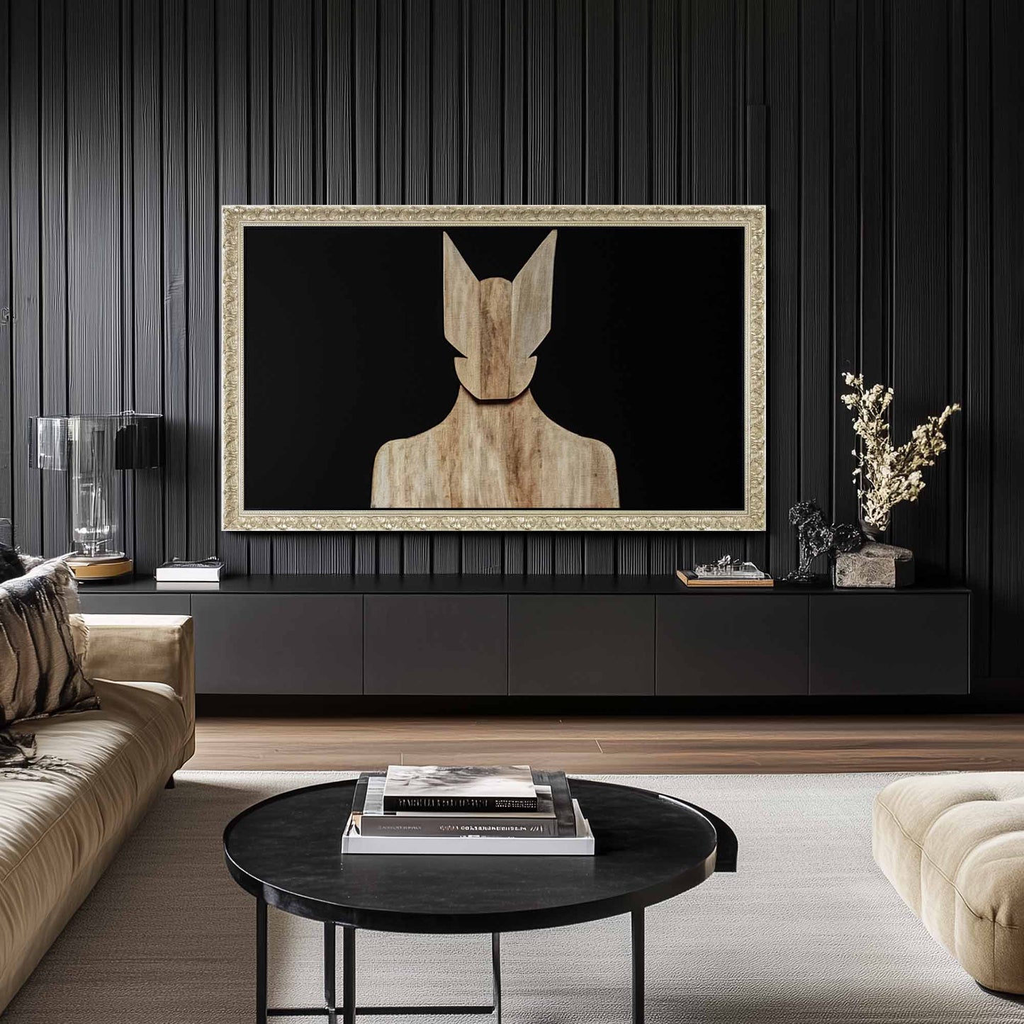 Ornate silver Wall mounted tv frame on black wooden slot wall in Midcentury style