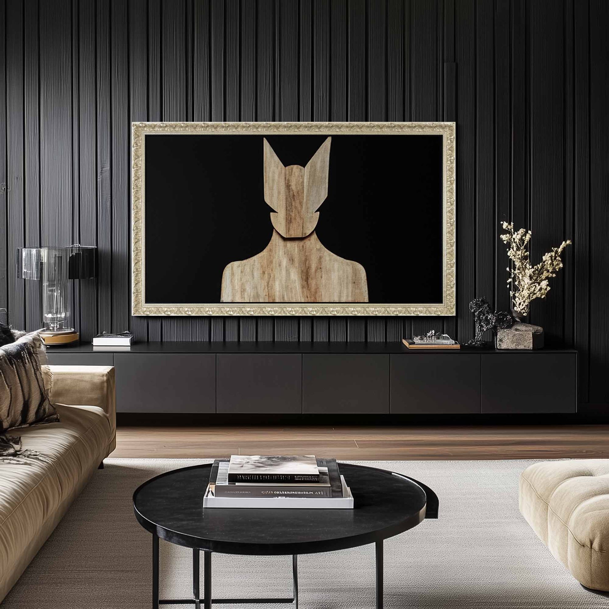 Ornate silver Wall mounted tv frame on black wooden slot wall in Midcentury style