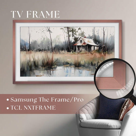 rose gold tv frame, copper tv frame, taupe beige wall, white chair with pillows