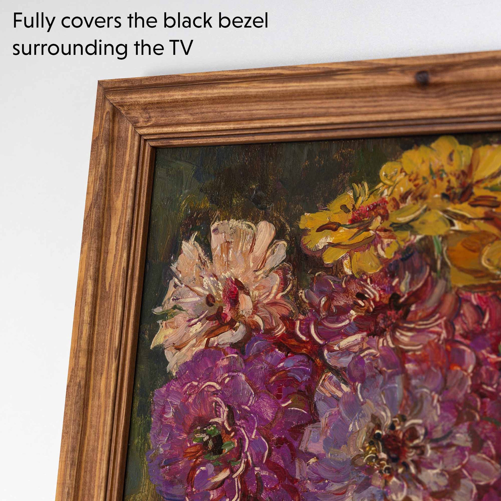 Rustic Tv frame fully covers Black TV bezel