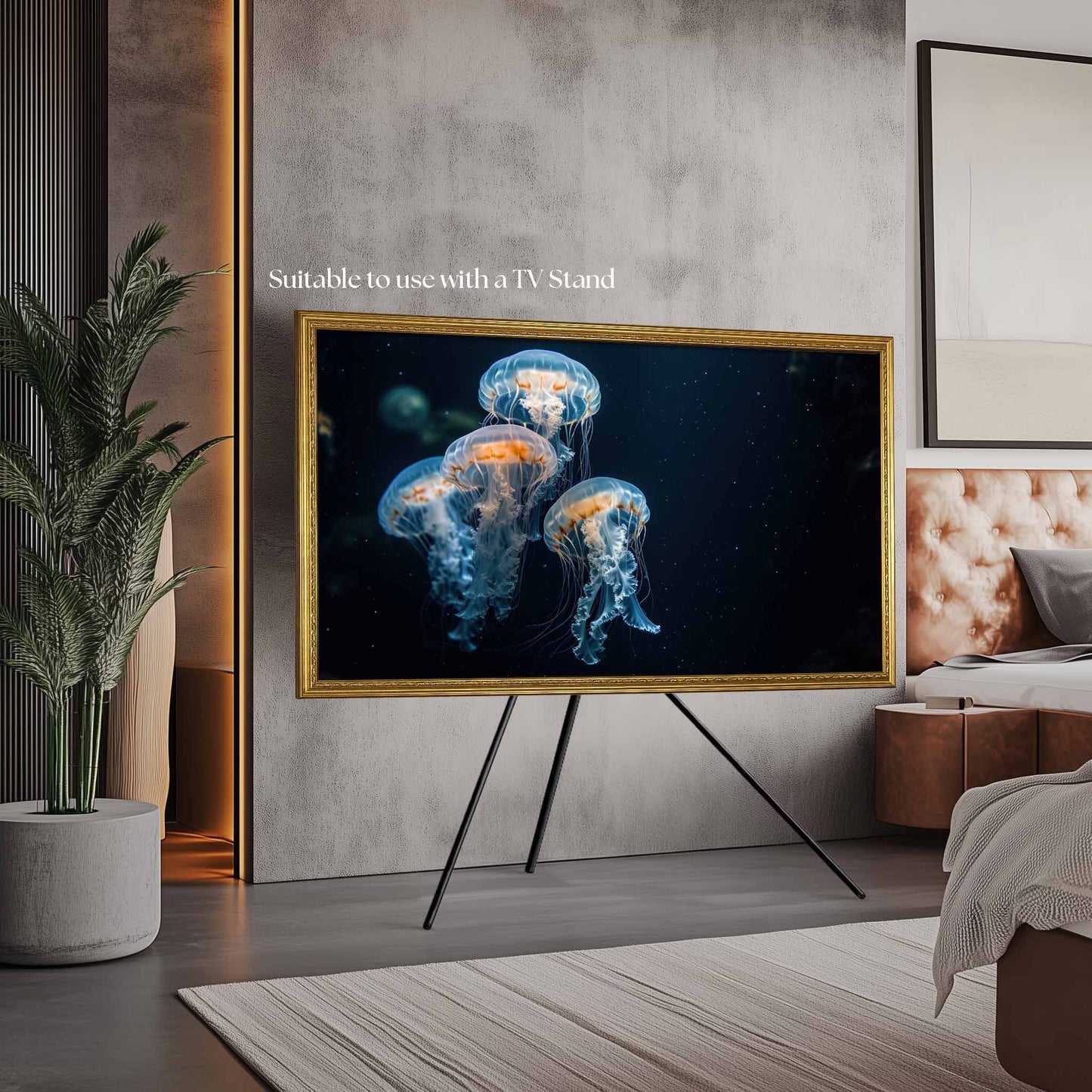 Samsung The Frame 65 inch TV on the tripod stand in the corner of bedroom, modern interior