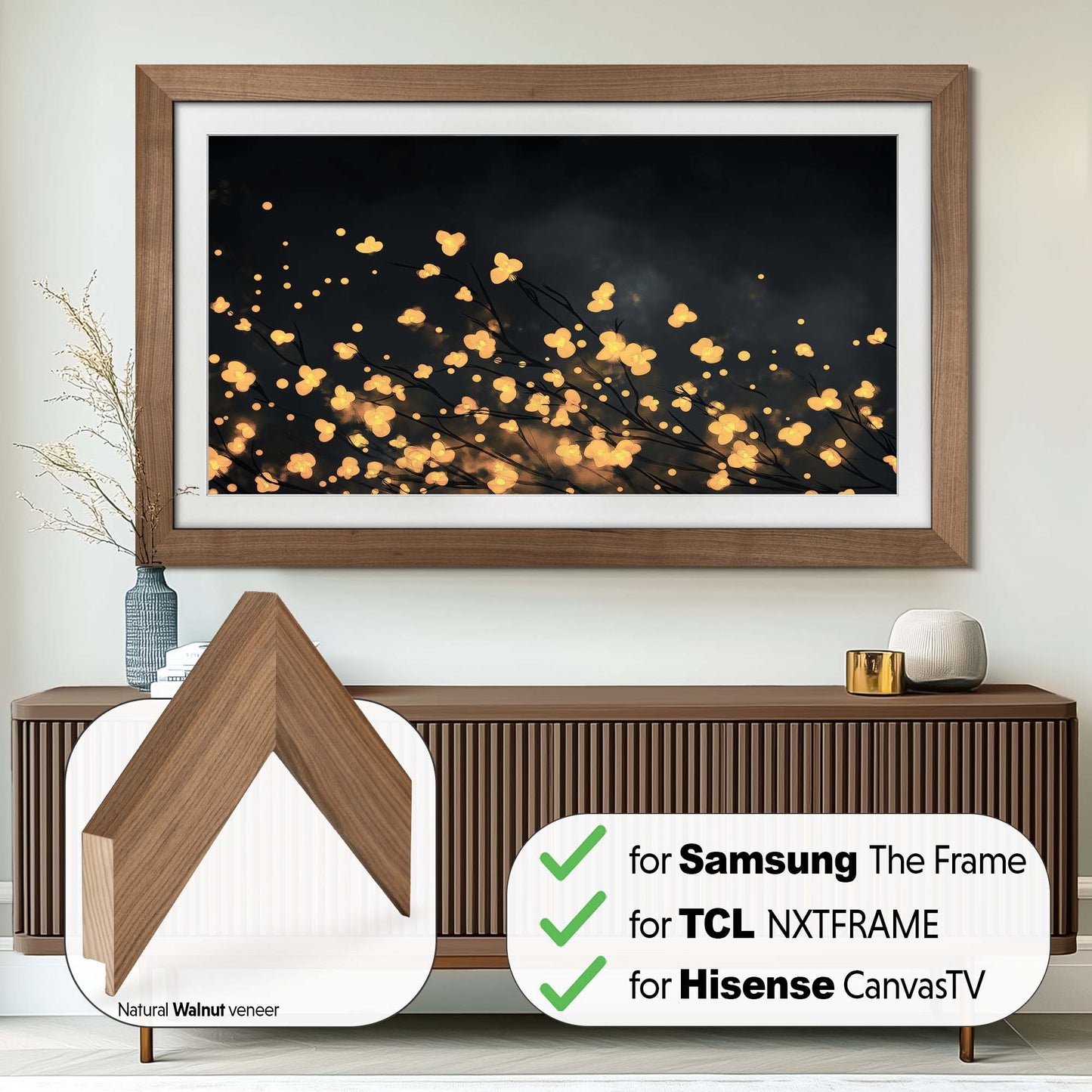 Cadre TV pour téléviseurs Samsung The Frame, lunette TV faite à la main, finition rustique en bois foncé et or, tailles de cadre TV 32, 43, 50, 55, 65, 75, 85 pouces