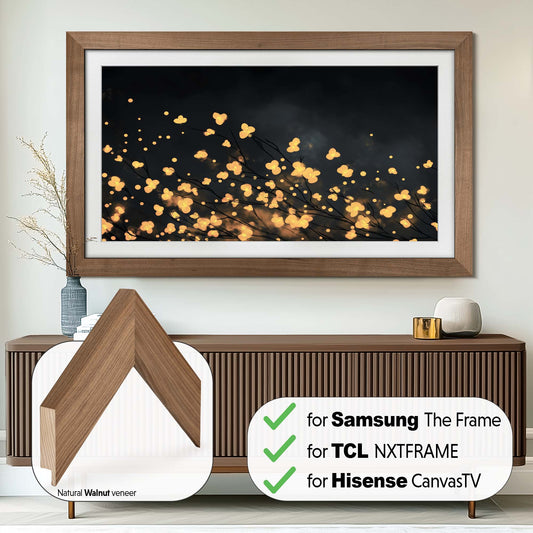 TV-Rahmen für Samsung The Frame TVs, handgefertigte TV-Blende, rustikales dunkles Holz und Gold-Finish, TV-Rahmengrößen 32, 43, 50, 55, 65, 75, 85 Zoll