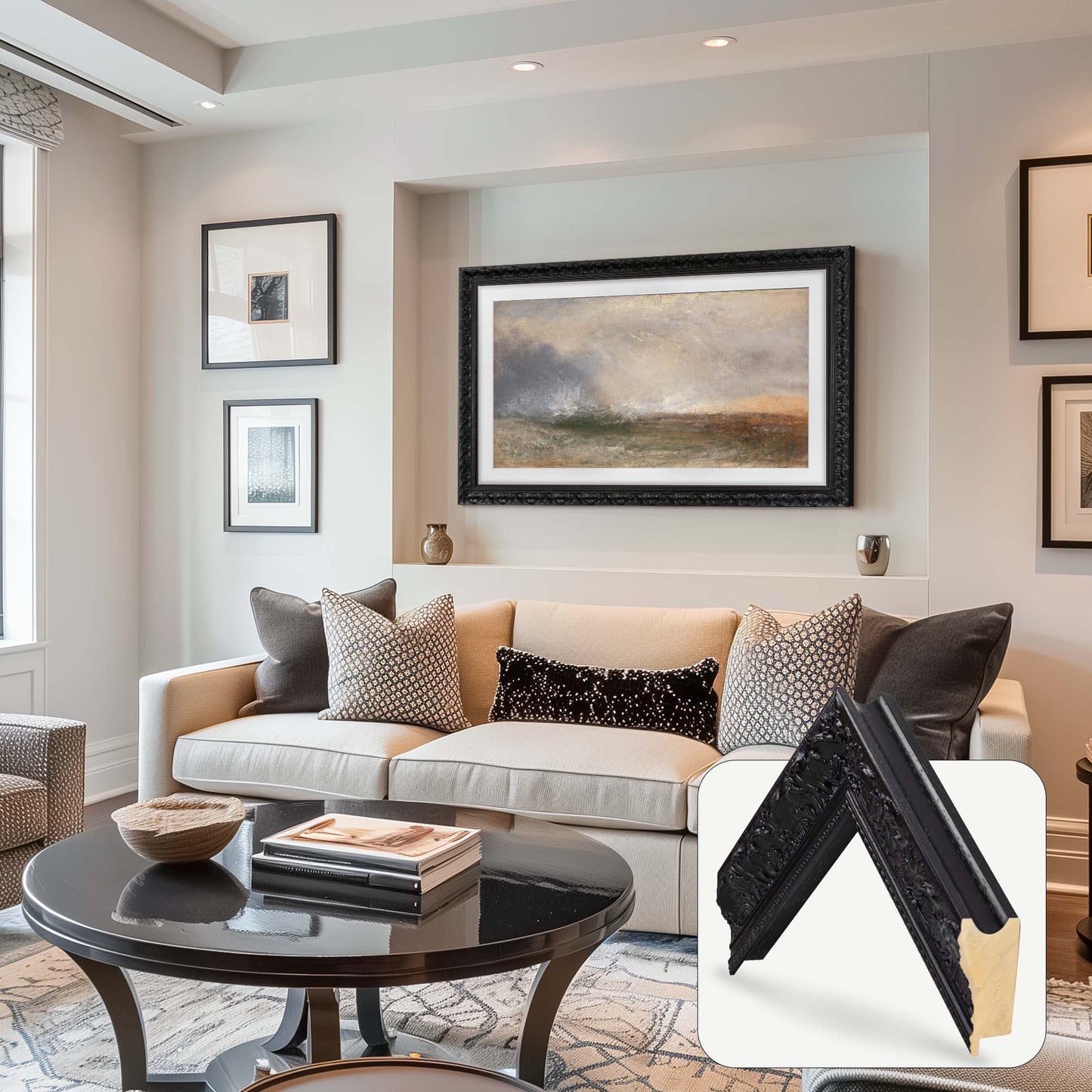 Black Ornate frame on wall mounted tv above the sofa in traditional living room