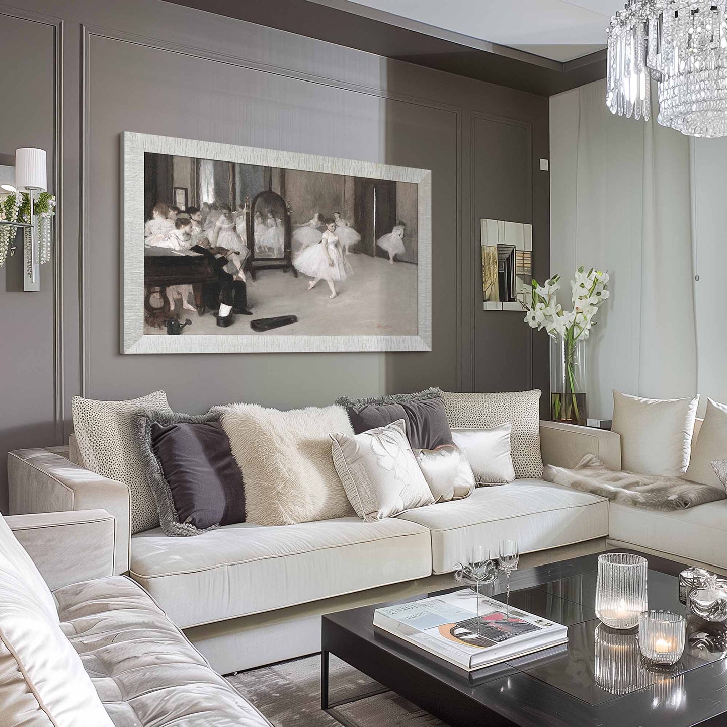 Modern living room with a large sofa, coffee table, and decorative wall art, shabby chic living room very pale and light, peaceful atmosphere, shiny tv frame 55 inch