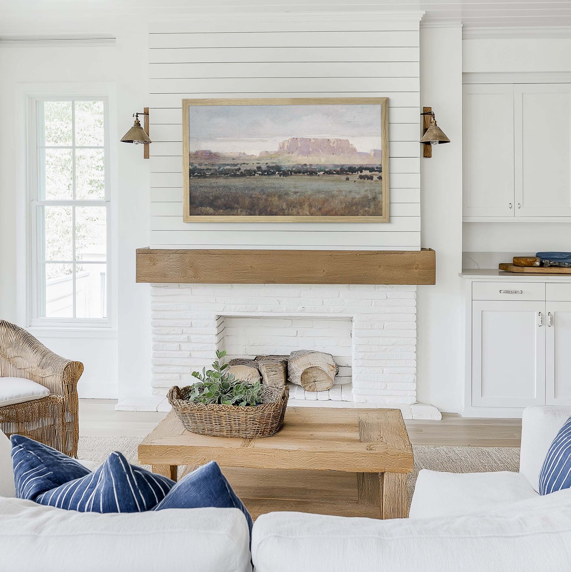 Soap finish oak tv frame in Bright and airy cottage living room interior