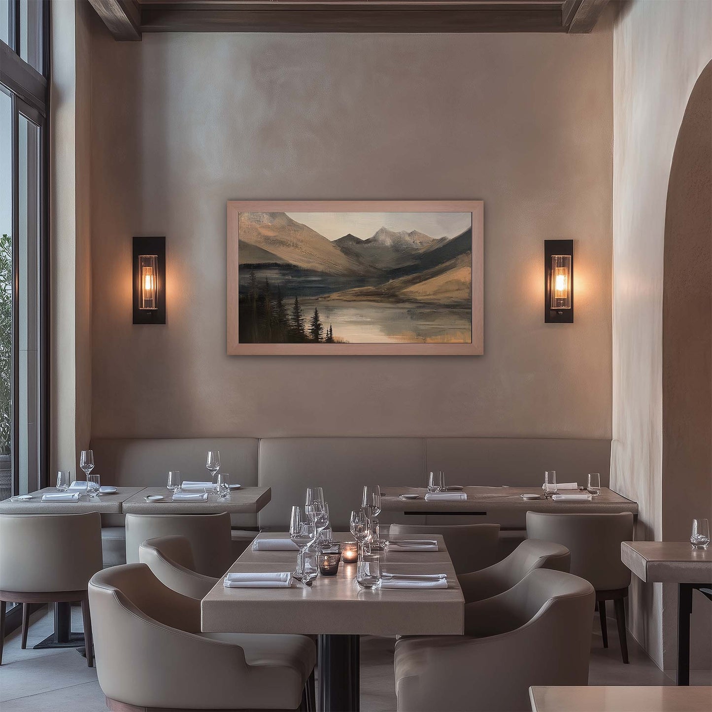 TV and artwork frame in an modern, elite restaurant