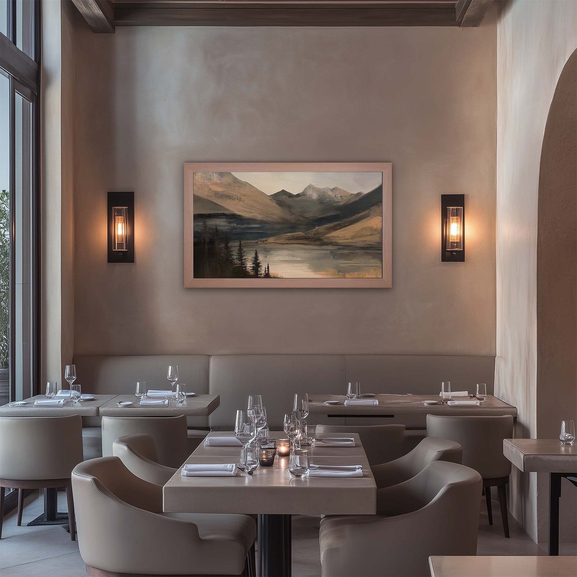 TV and artwork frame in an modern, elite restaurant