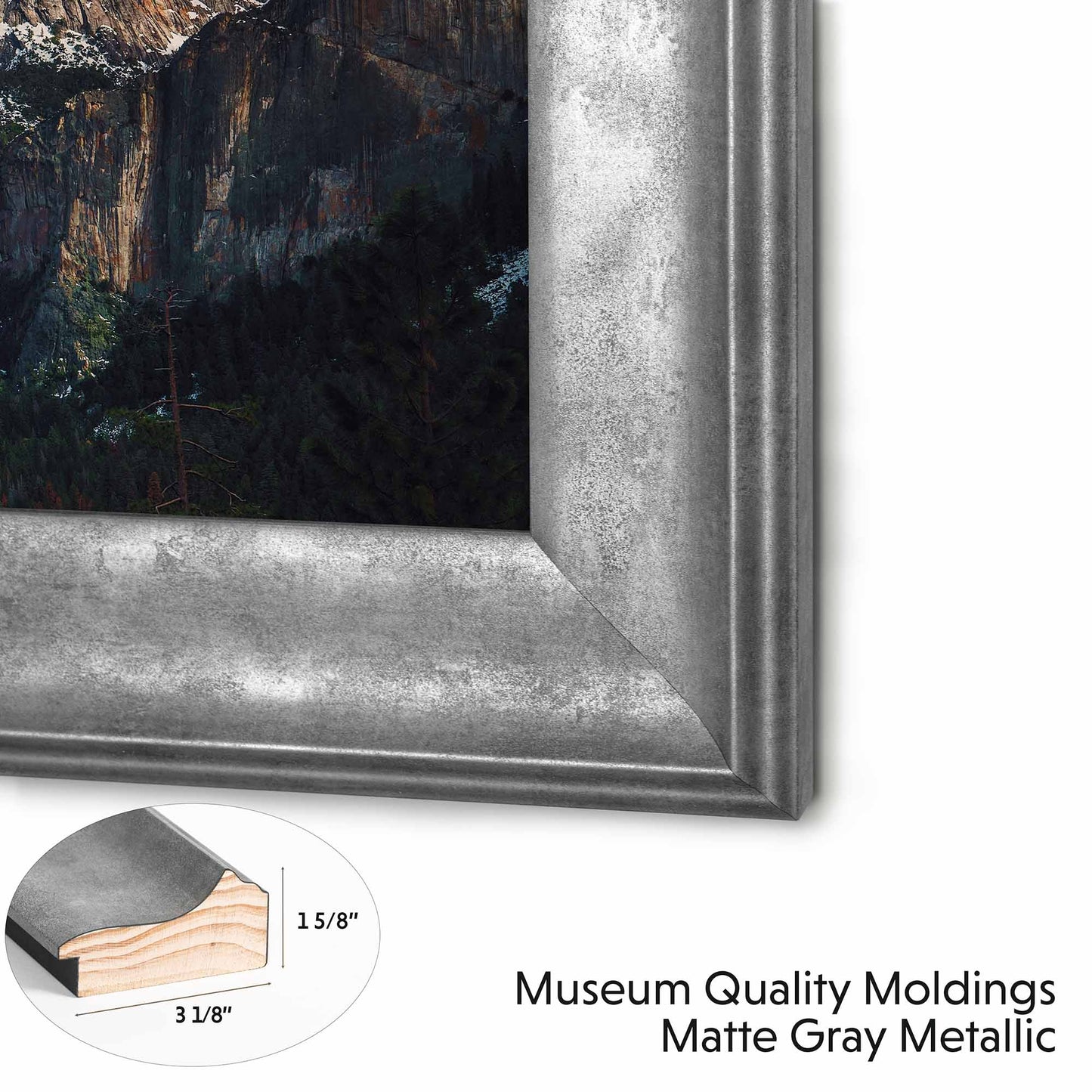 TV frame made from museum quality moldings with matte gray metallic finish