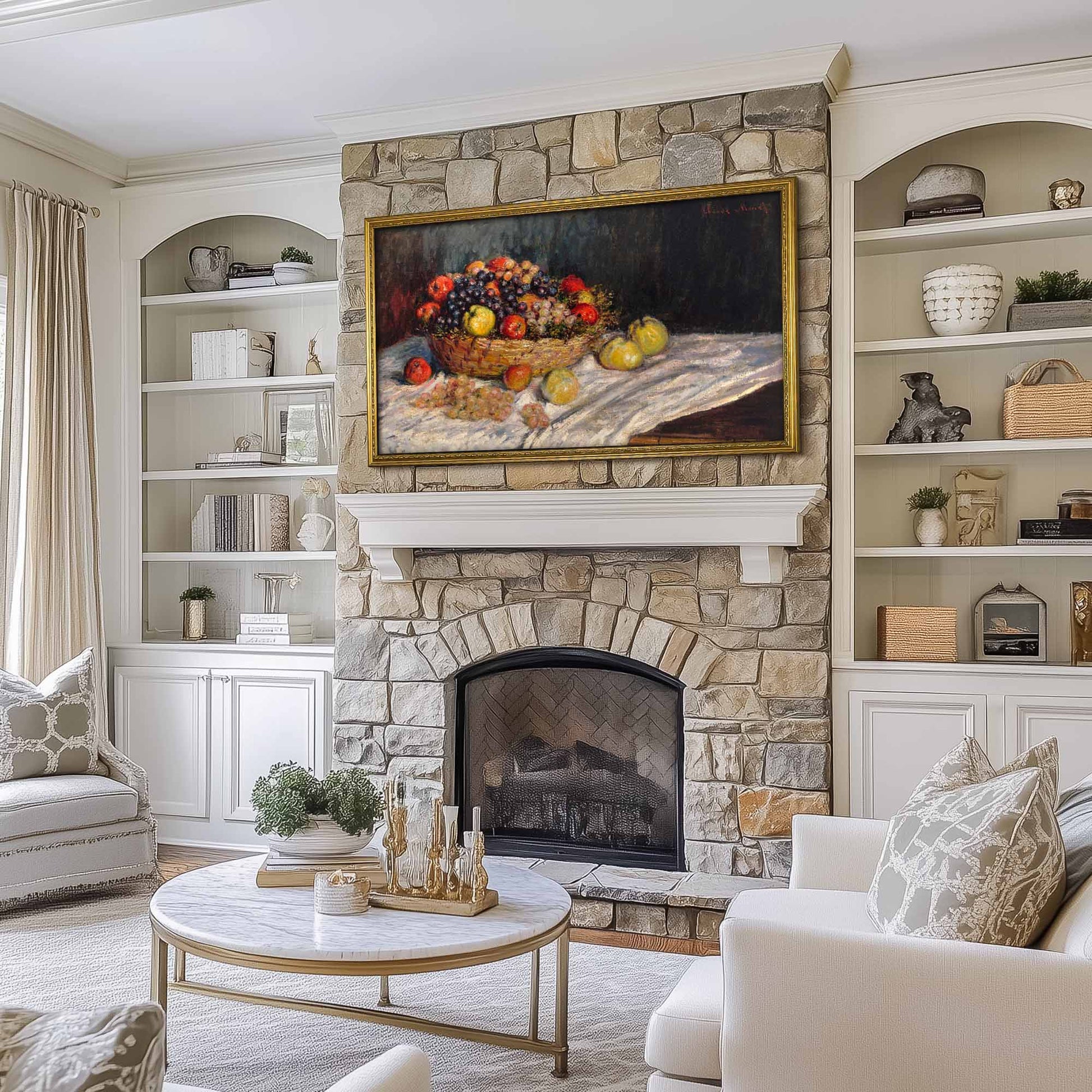 The Frame 75 inch tv with ornate gold frame above stone fireplace in Traditional Charlotte Living Room design