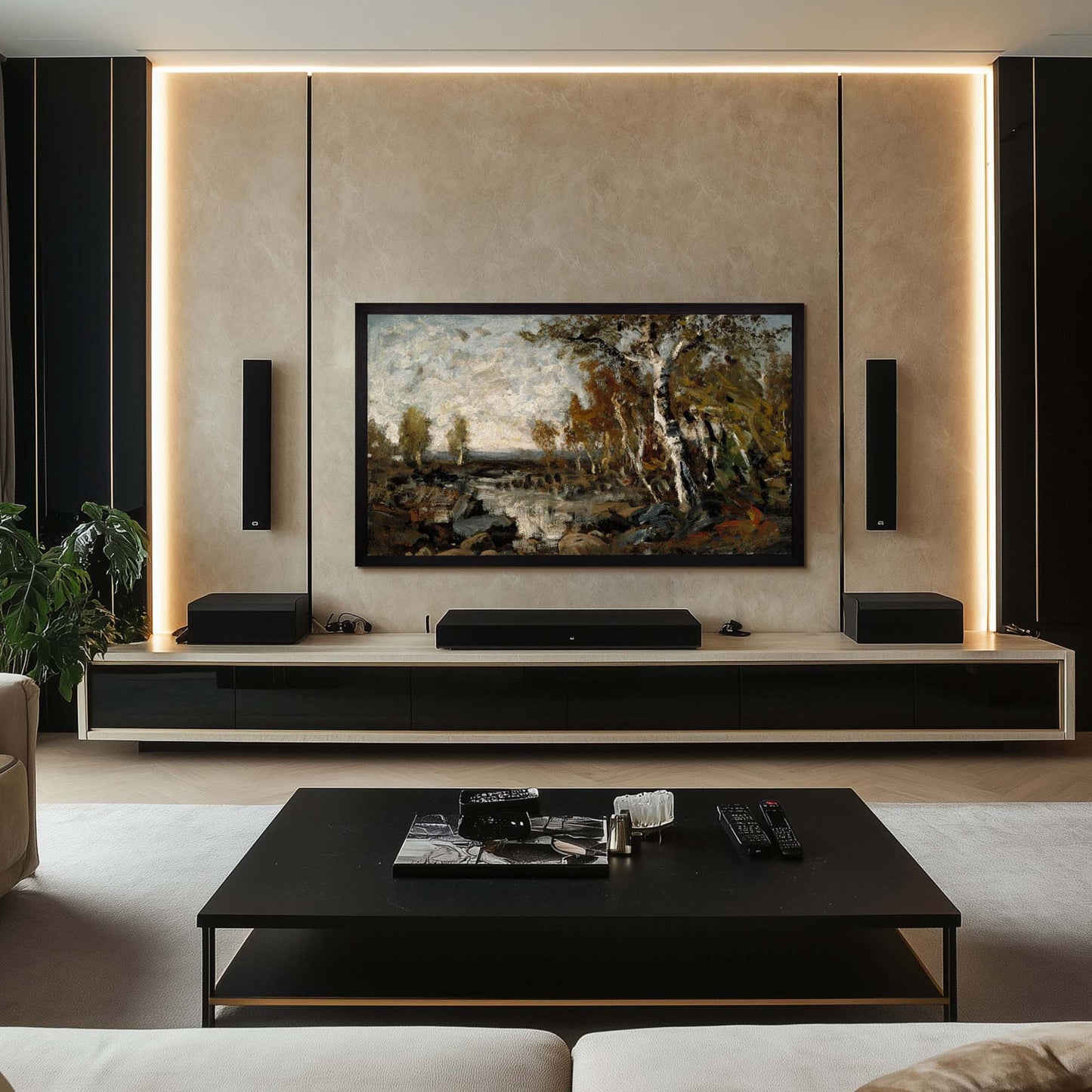 Thin Black oak Bezel for The Frame TV in modern luxury living room design