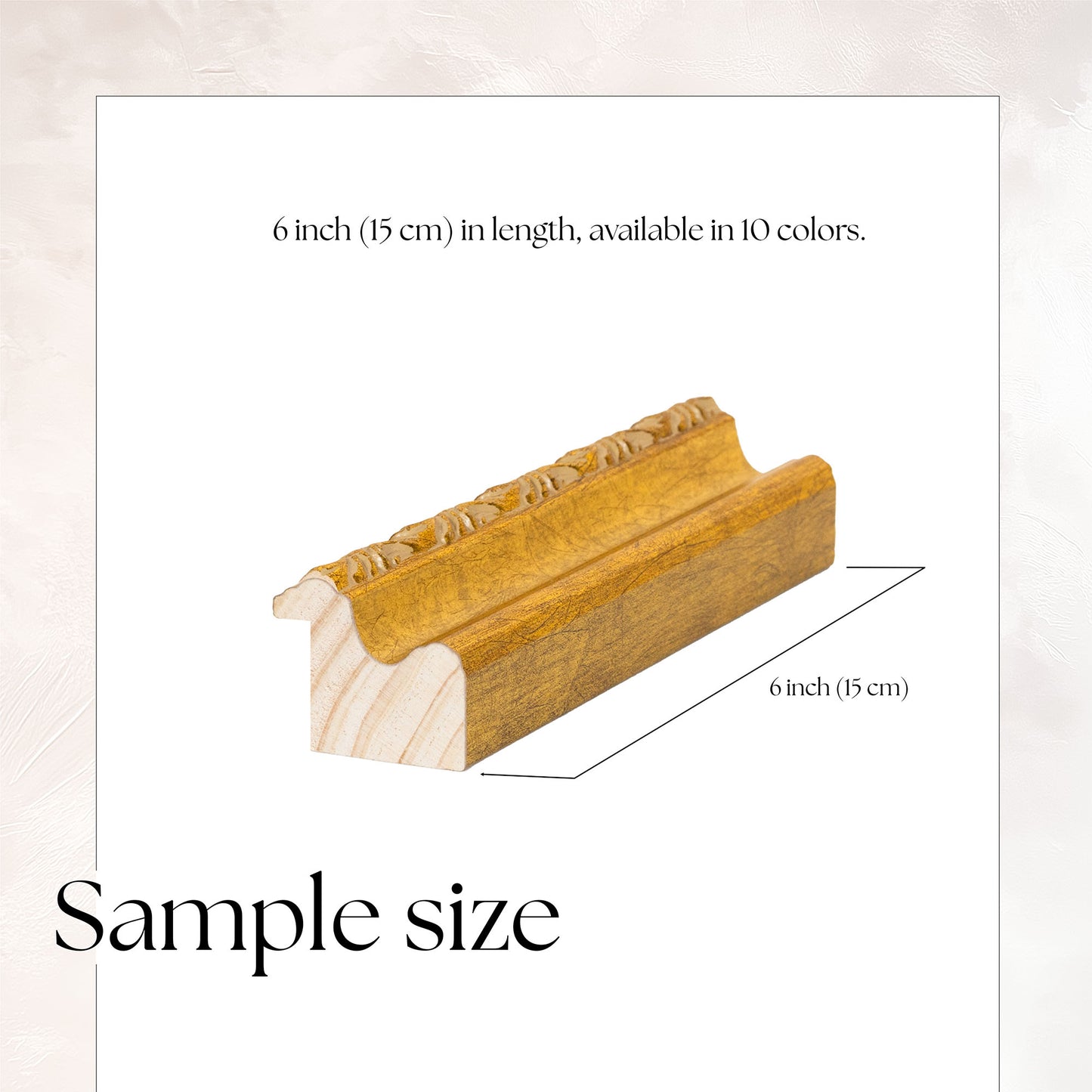 Wooden sample with dimensions and color availability information on a light background