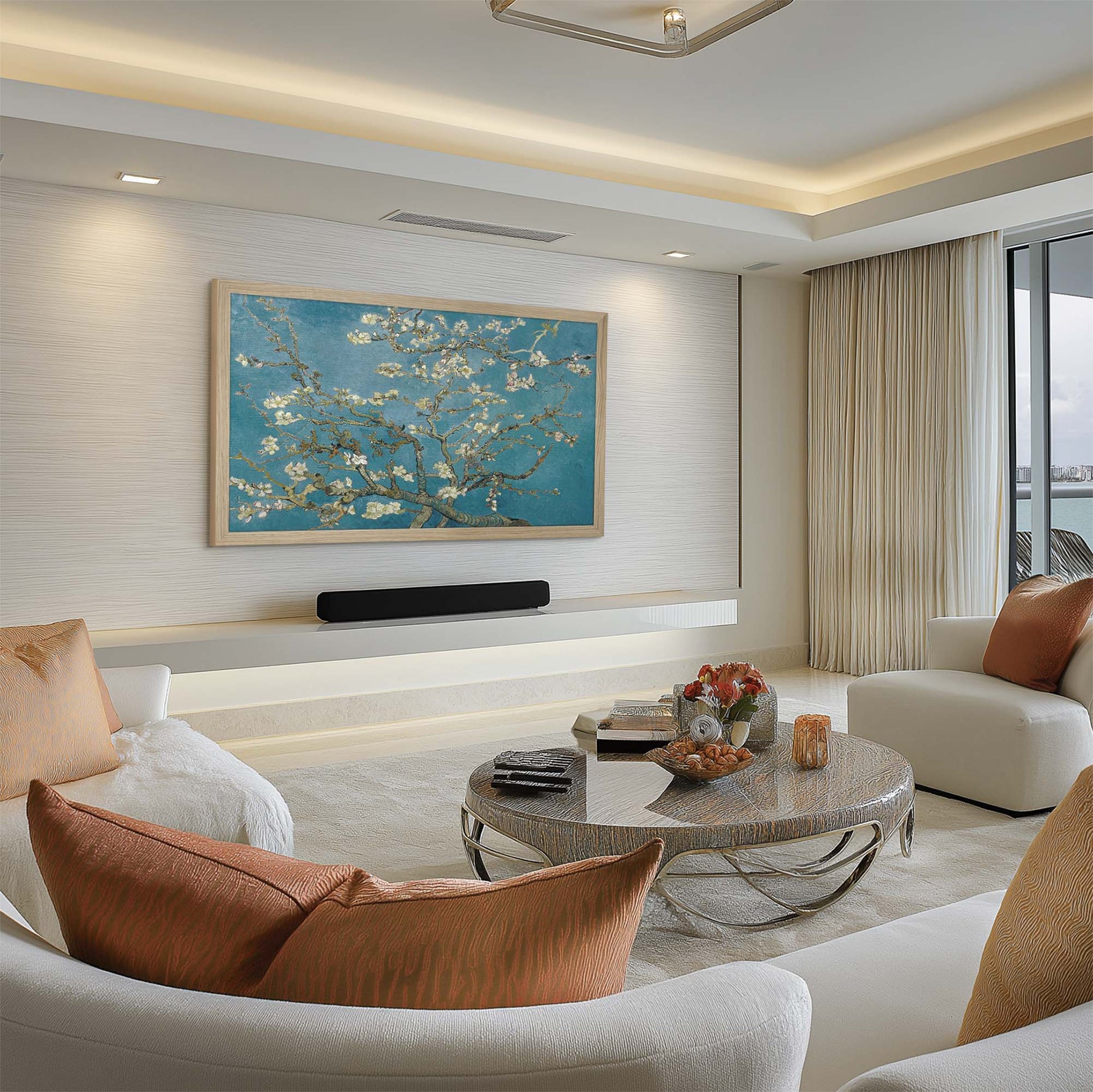 Wall mounted Oak hardwood tv frame in Contemporary Miami Interior Design