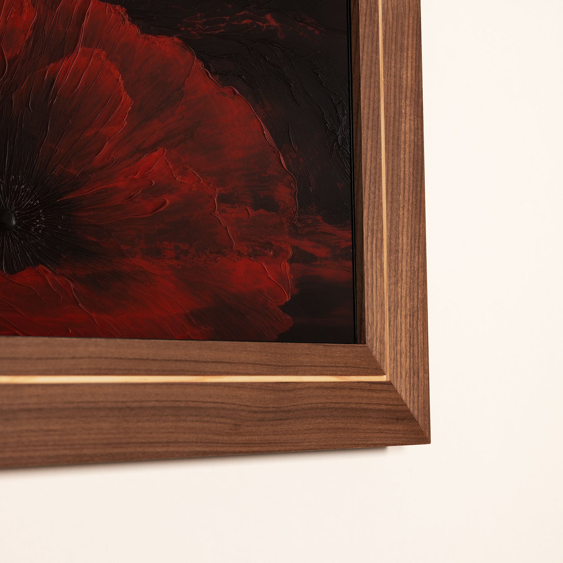 Walnut TV Frame corner with accent line, natural walnut texture