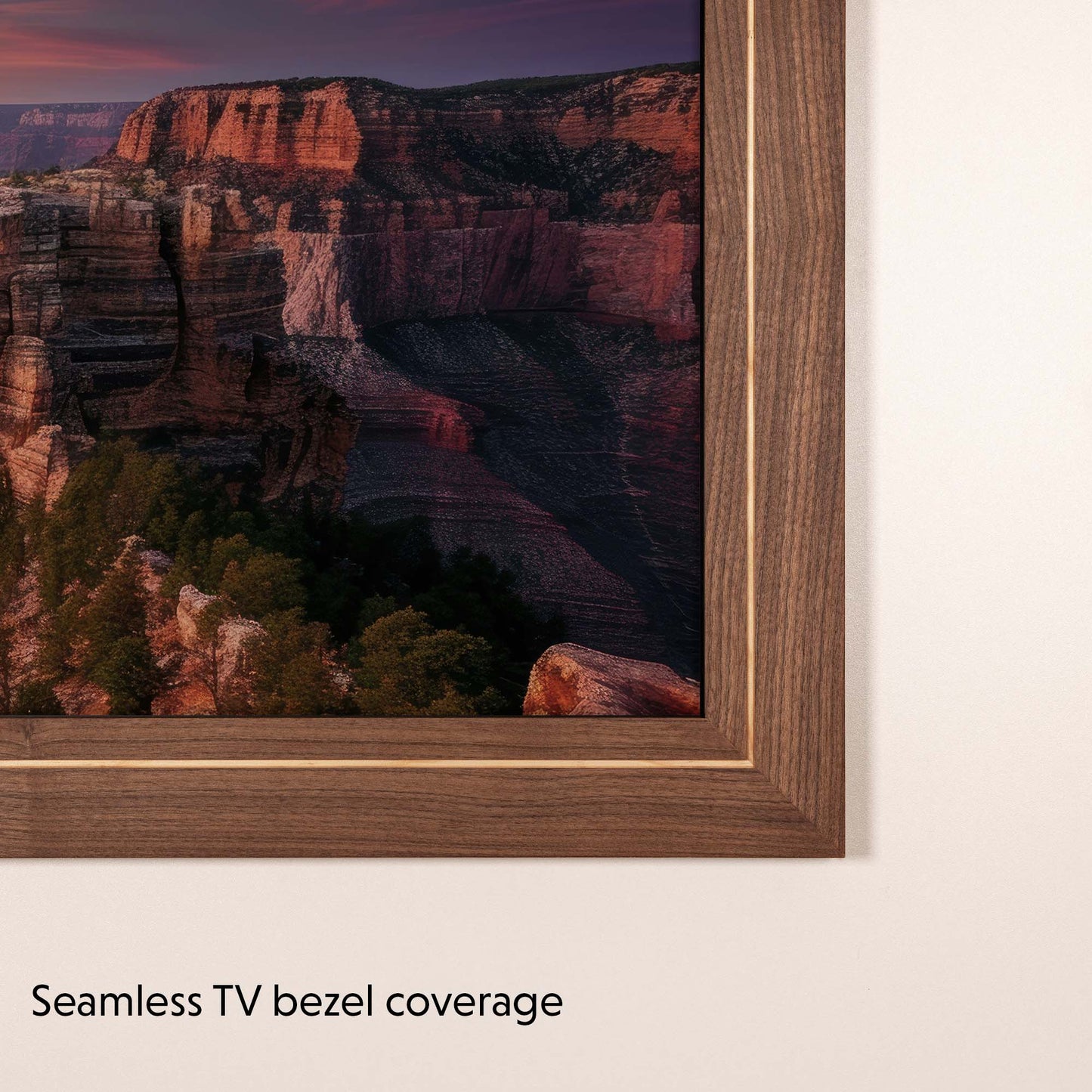 Walnut TV mount fully covers The Frame TV black bezel